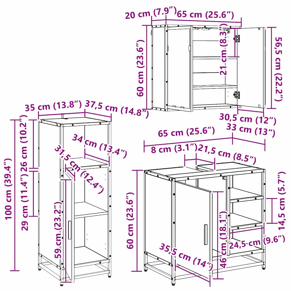 Badkamermeubelset 3 st Artisan Eiken 65 x 33 x 60 cm is nu te koop bij PeponiXL, paradijselijk wonen!