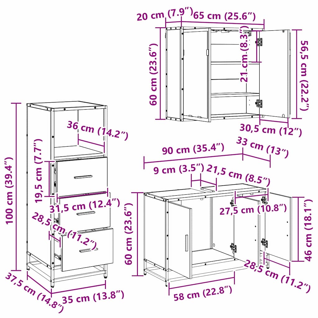 Badkamermeubelset 3 st Artisan Eiken 90 x 33 x 60 cm is nu te koop bij PeponiXL, paradijselijk wonen!