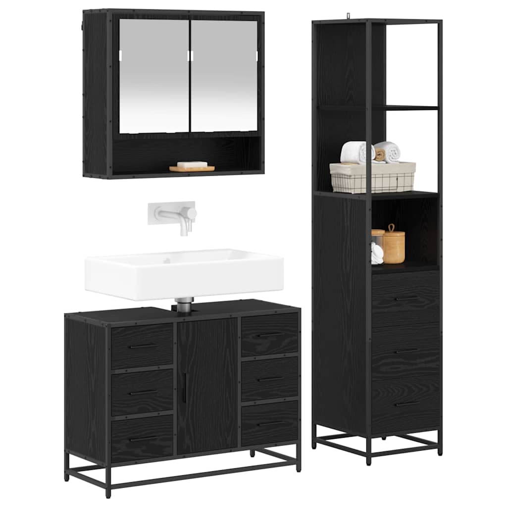 Badkamermeubelset met lade 3 pcs Zwart Eiken Bewerkt hout is nu te koop bij PeponiXL, paradijselijk wonen!