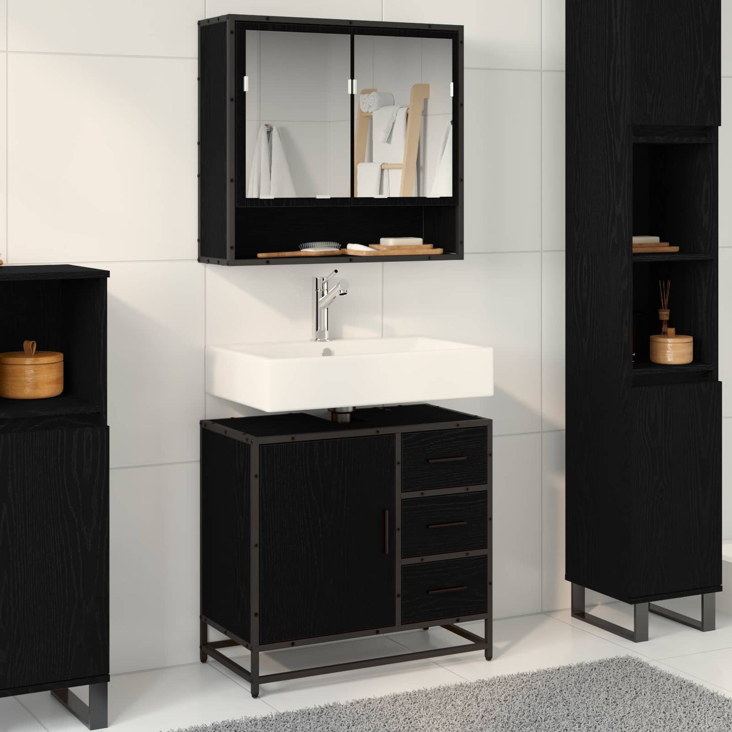 Badkamermeubelset met lade 2 pcs Zwart Eiken Bewerkt hout is nu te koop bij PeponiXL, paradijselijk wonen!