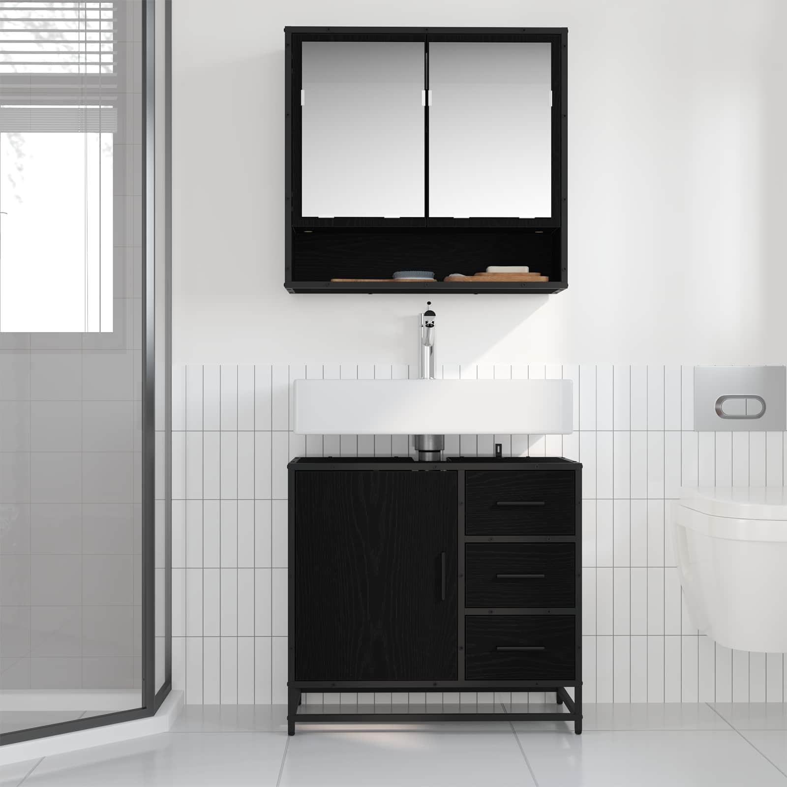 Badkamermeubelset met lade 2 pcs Zwart Eiken Bewerkt hout is nu te koop bij PeponiXL, paradijselijk wonen!