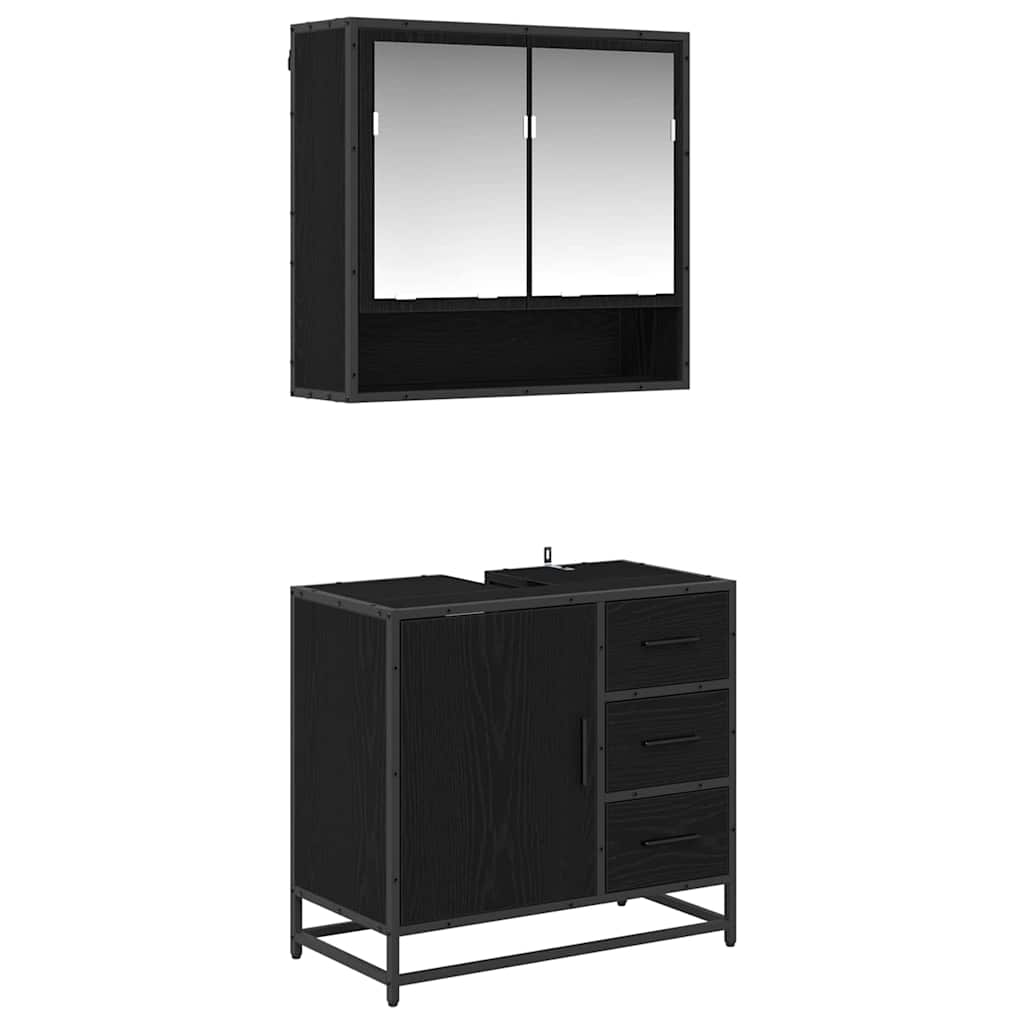 Badkamermeubelset met lade 2 pcs Zwart Eiken Bewerkt hout is nu te koop bij PeponiXL, paradijselijk wonen!