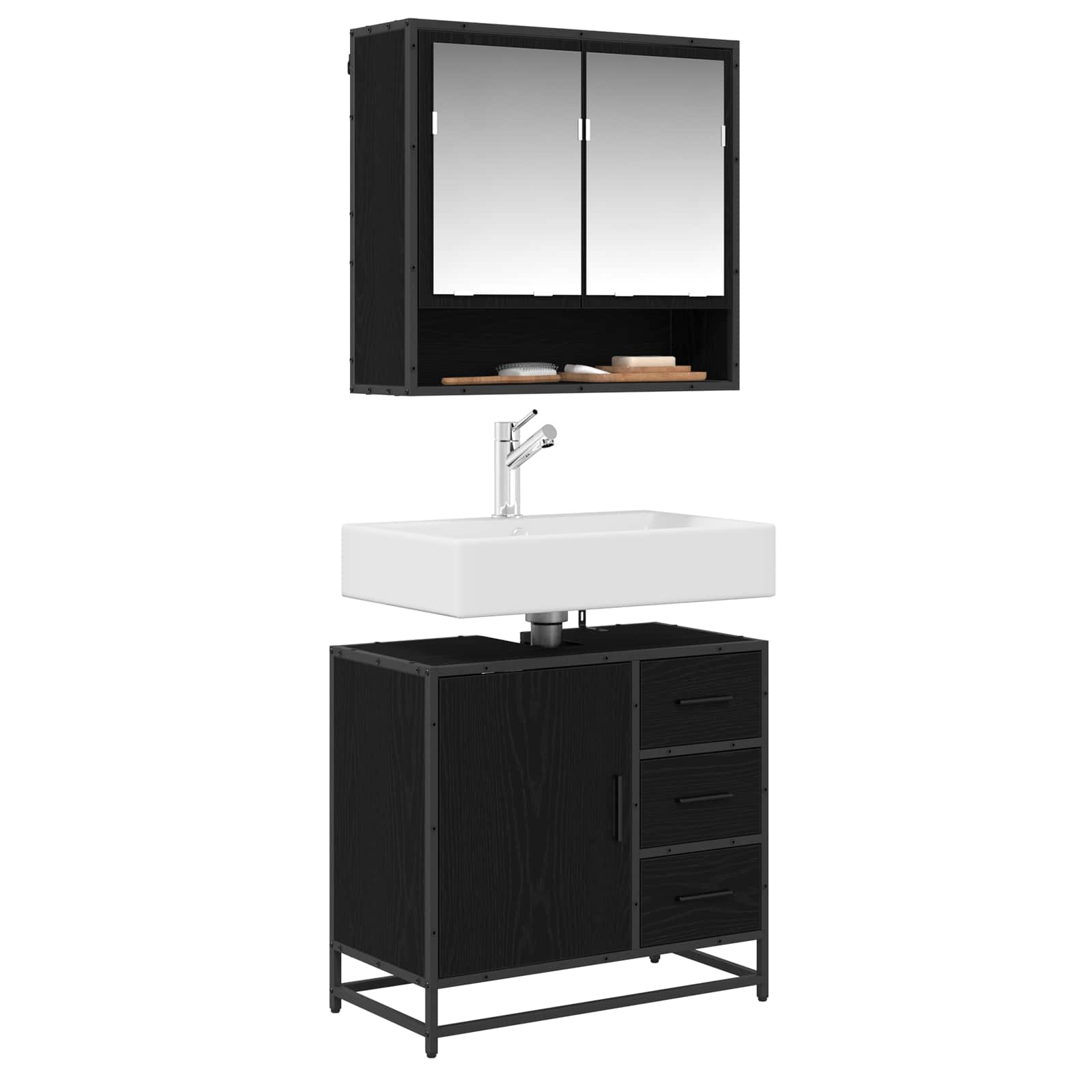 Badkamermeubelset met lade 2 pcs Zwart Eiken Bewerkt hout is nu te koop bij PeponiXL, paradijselijk wonen!