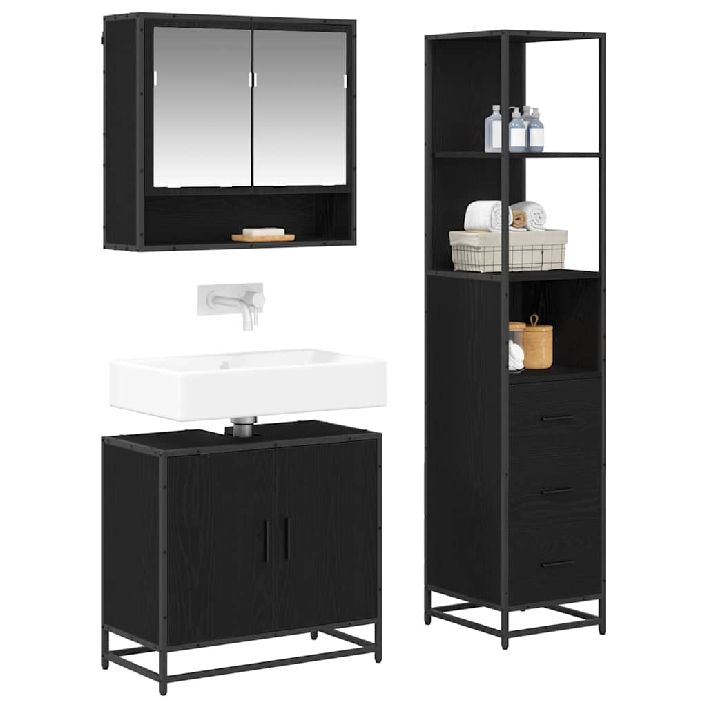 Badkamermeubelset met lade 3 pcs Zwart Eiken Bewerkt hout is nu te koop bij PeponiXL, paradijselijk wonen!