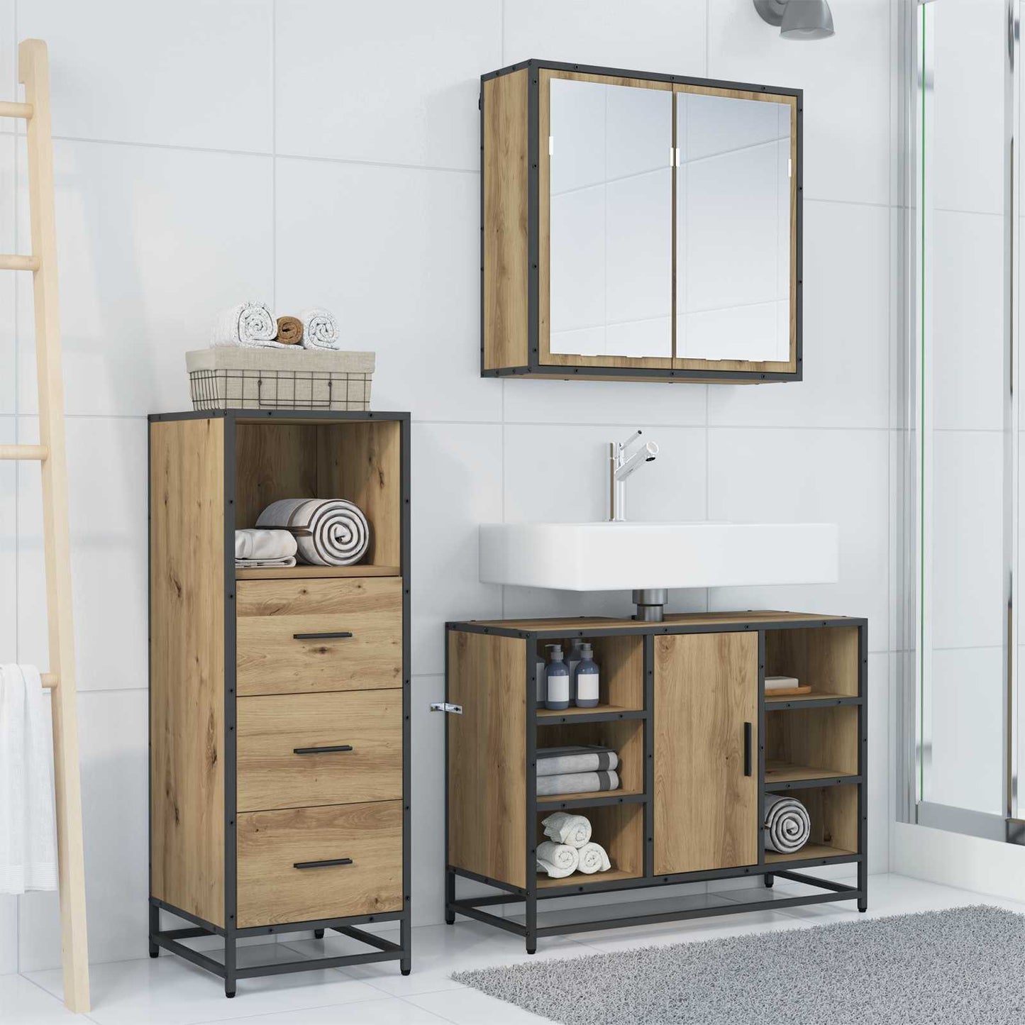 Badkamermeubelset 3 st Artisan Eiken 80 x 33 x 60 cm is nu te koop bij PeponiXL, paradijselijk wonen!