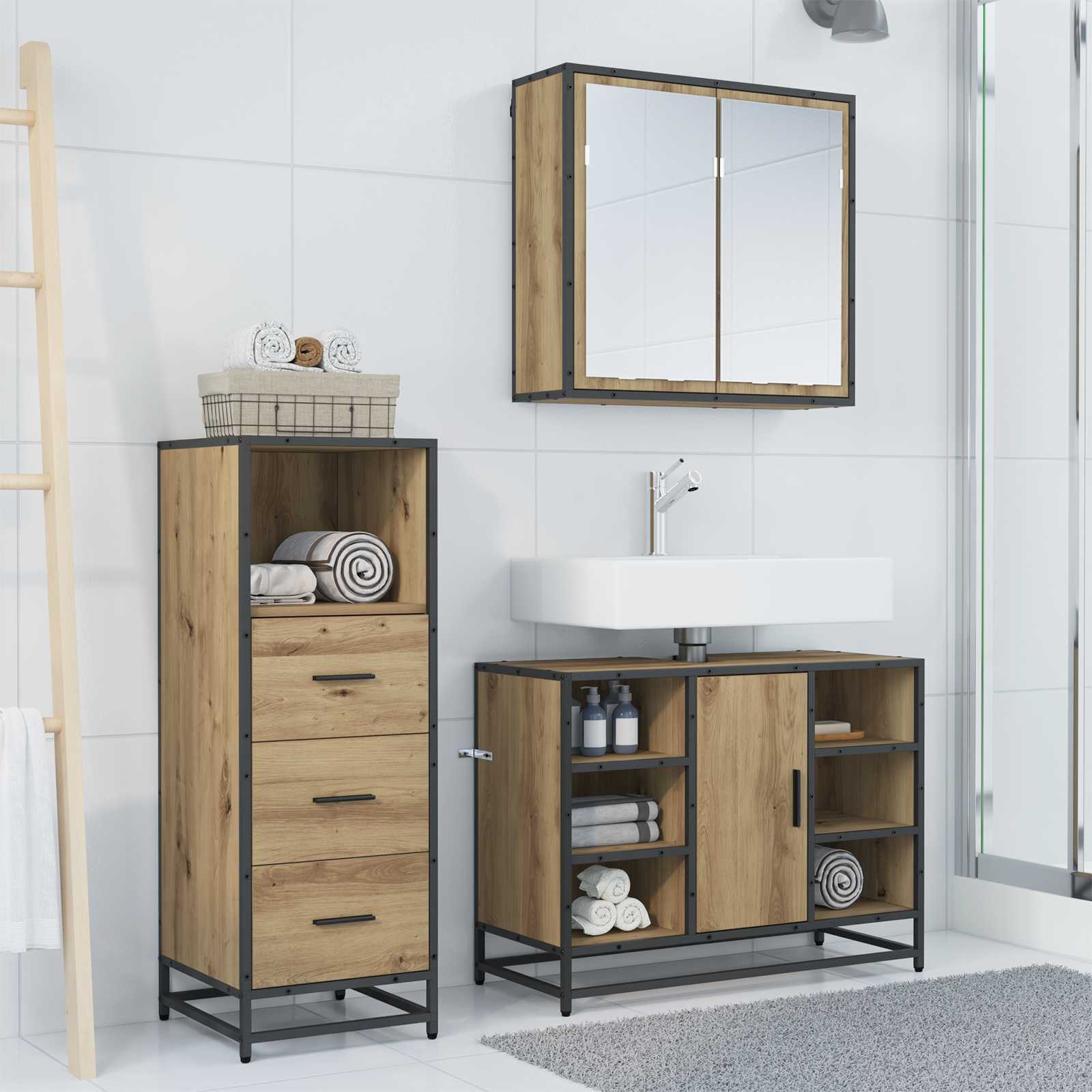 Badkamermeubelset 3 st Artisan Eiken 80 x 33 x 60 cm is nu te koop bij PeponiXL, paradijselijk wonen!