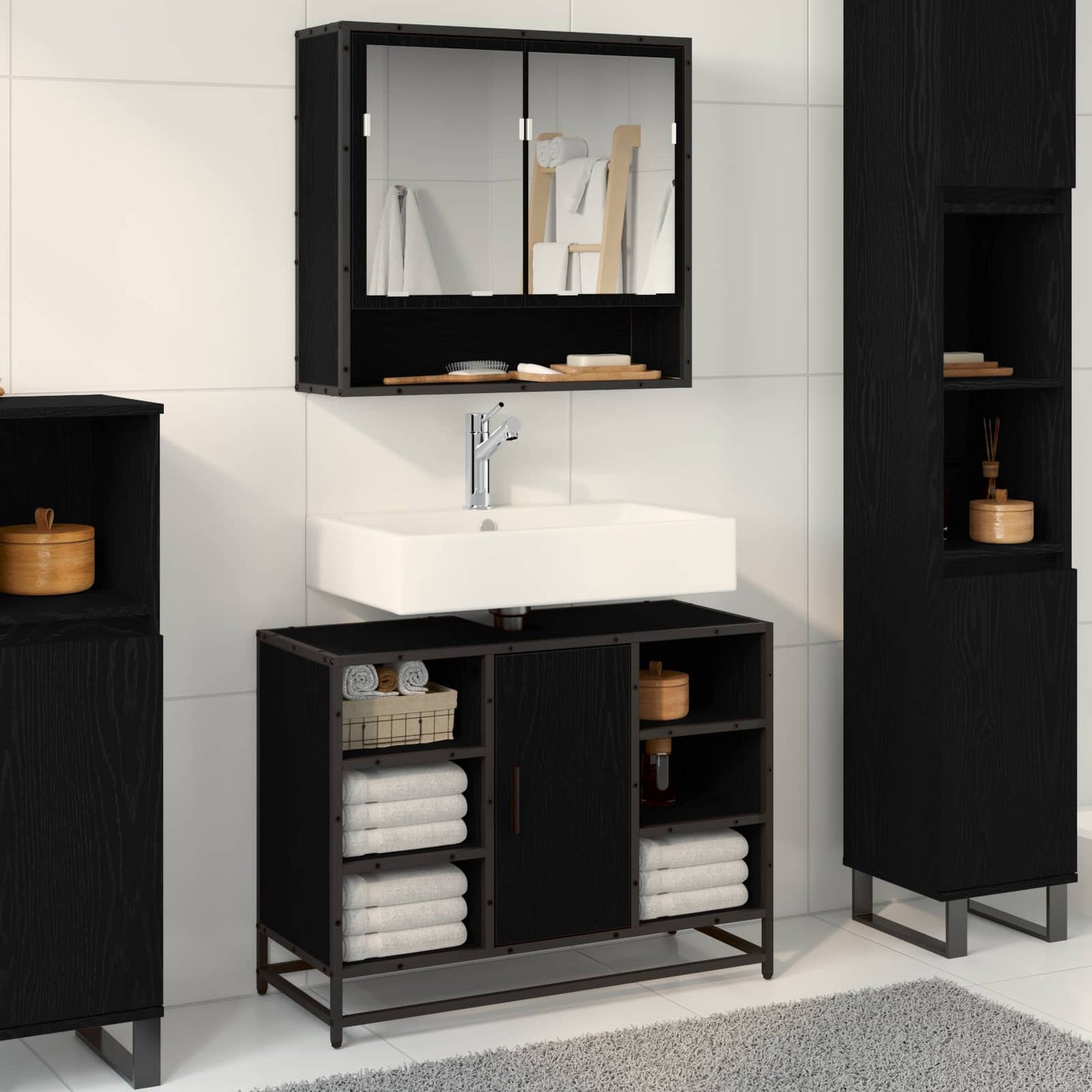 Badkamermeubelset met plank 2 pcs Zwart Eiken Bewerkt hout is nu te koop bij PeponiXL, paradijselijk wonen!