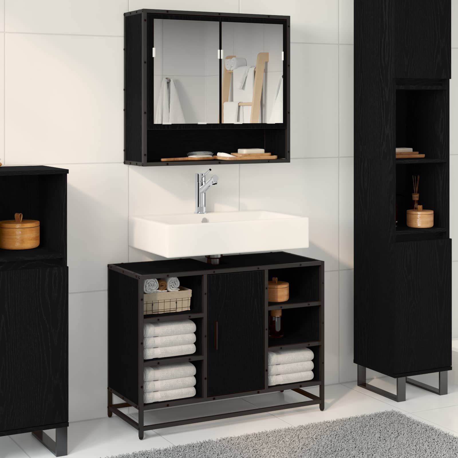 Badkamermeubelset met plank 2 pcs Zwart Eiken Bewerkt hout is nu te koop bij PeponiXL, paradijselijk wonen!