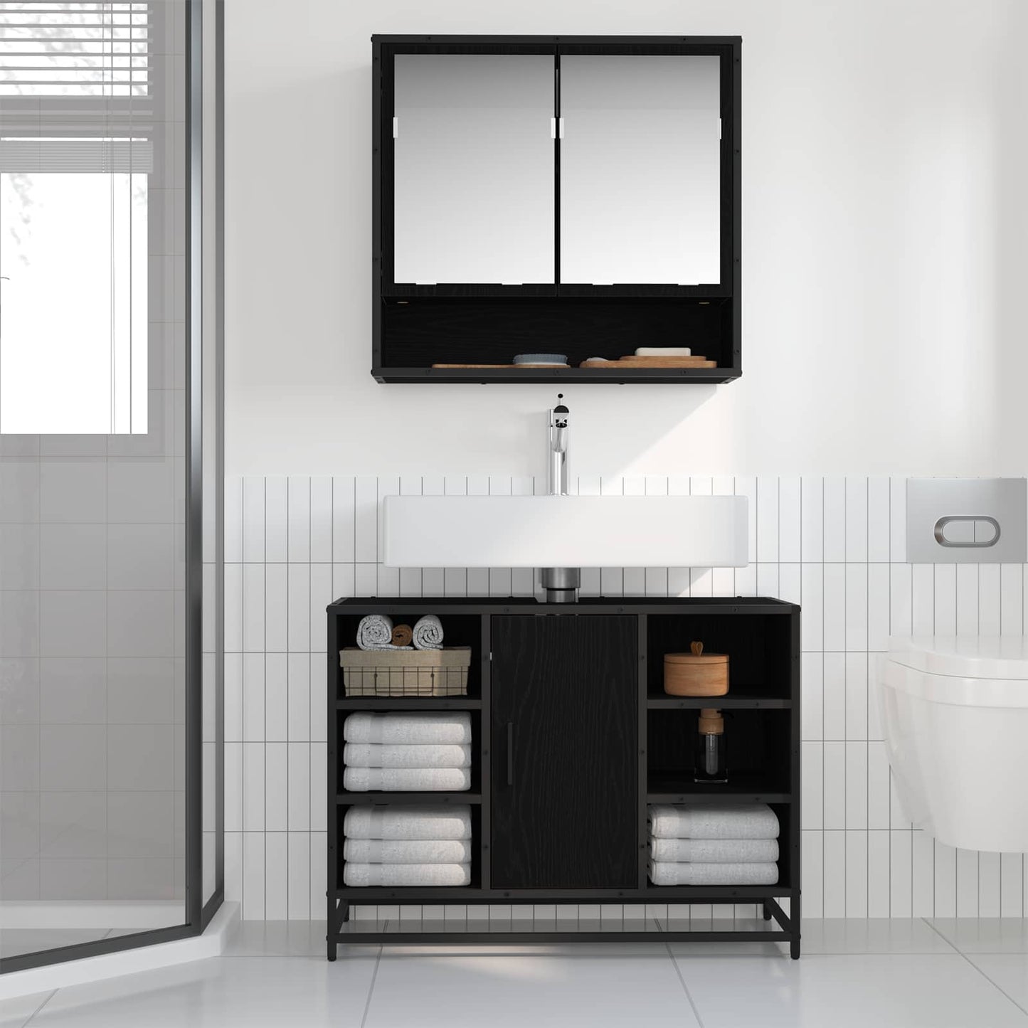 Badkamermeubelset met plank 2 pcs Zwart Eiken Bewerkt hout is nu te koop bij PeponiXL, paradijselijk wonen!