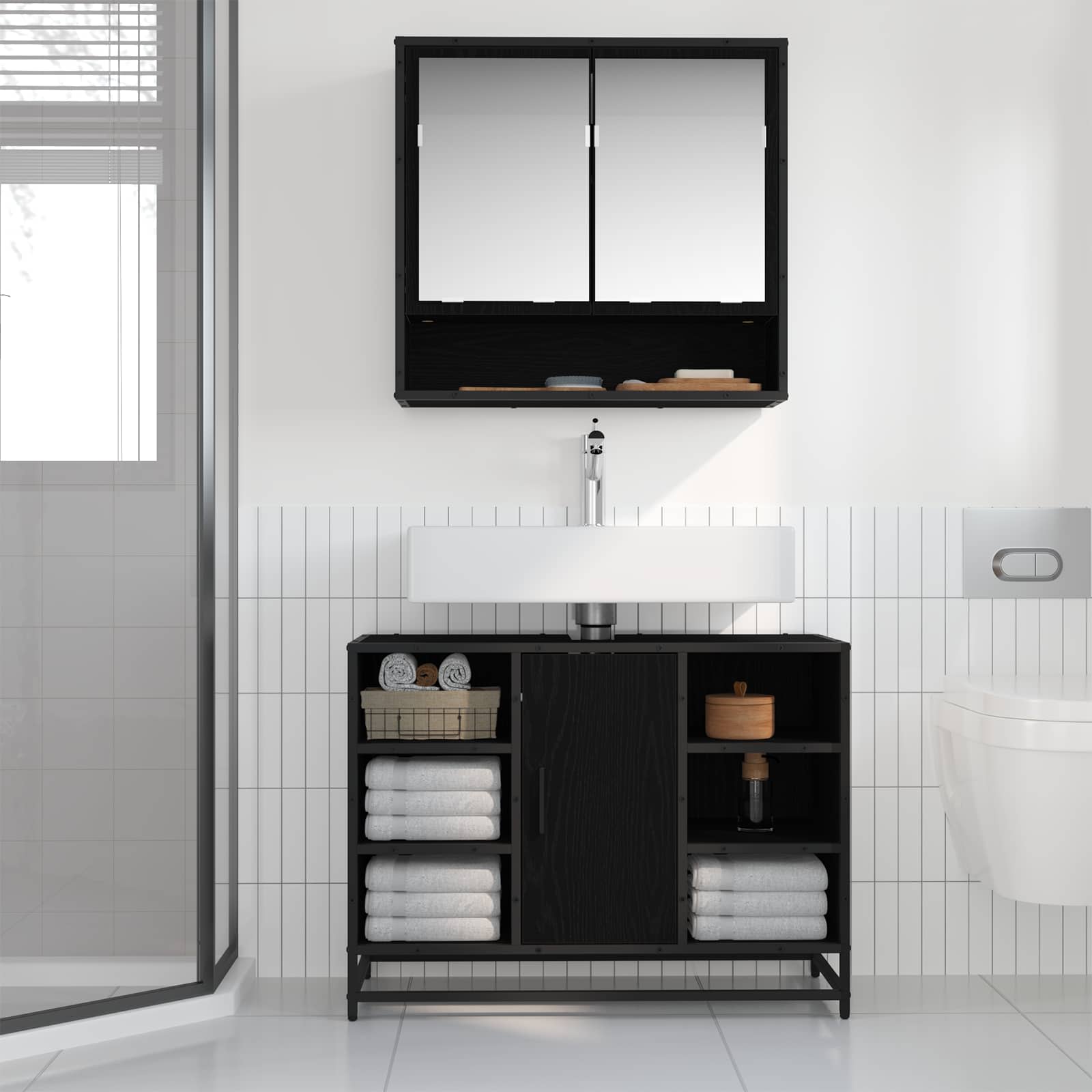 Badkamermeubelset met plank 2 pcs Zwart Eiken Bewerkt hout is nu te koop bij PeponiXL, paradijselijk wonen!