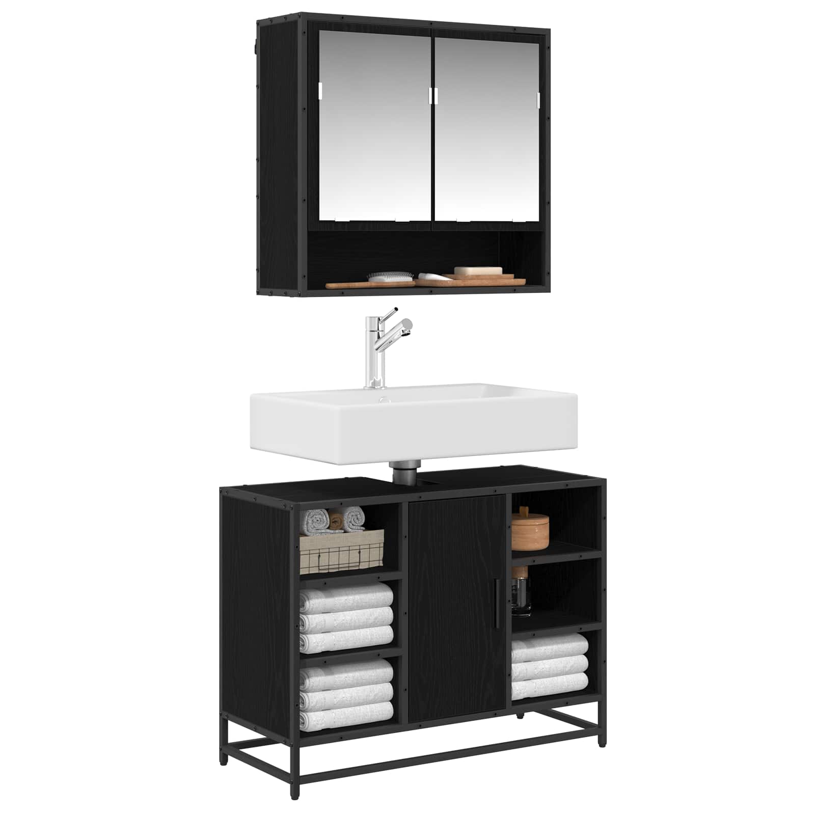 Badkamermeubelset met plank 2 pcs Zwart Eiken Bewerkt hout is nu te koop bij PeponiXL, paradijselijk wonen!