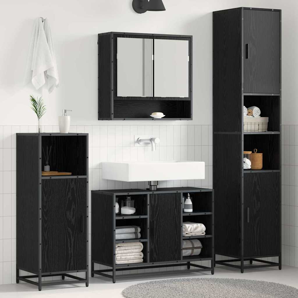 Badkamermeubelset met plank 4 pcs Zwart Eiken Bewerkt hout is nu te koop bij PeponiXL, paradijselijk wonen!