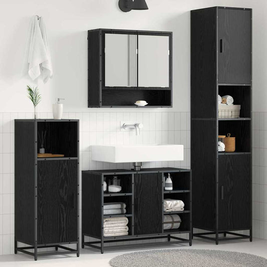 Badkamermeubelset met plank 4 pcs Zwart Eiken Bewerkt hout is nu te koop bij PeponiXL, paradijselijk wonen!