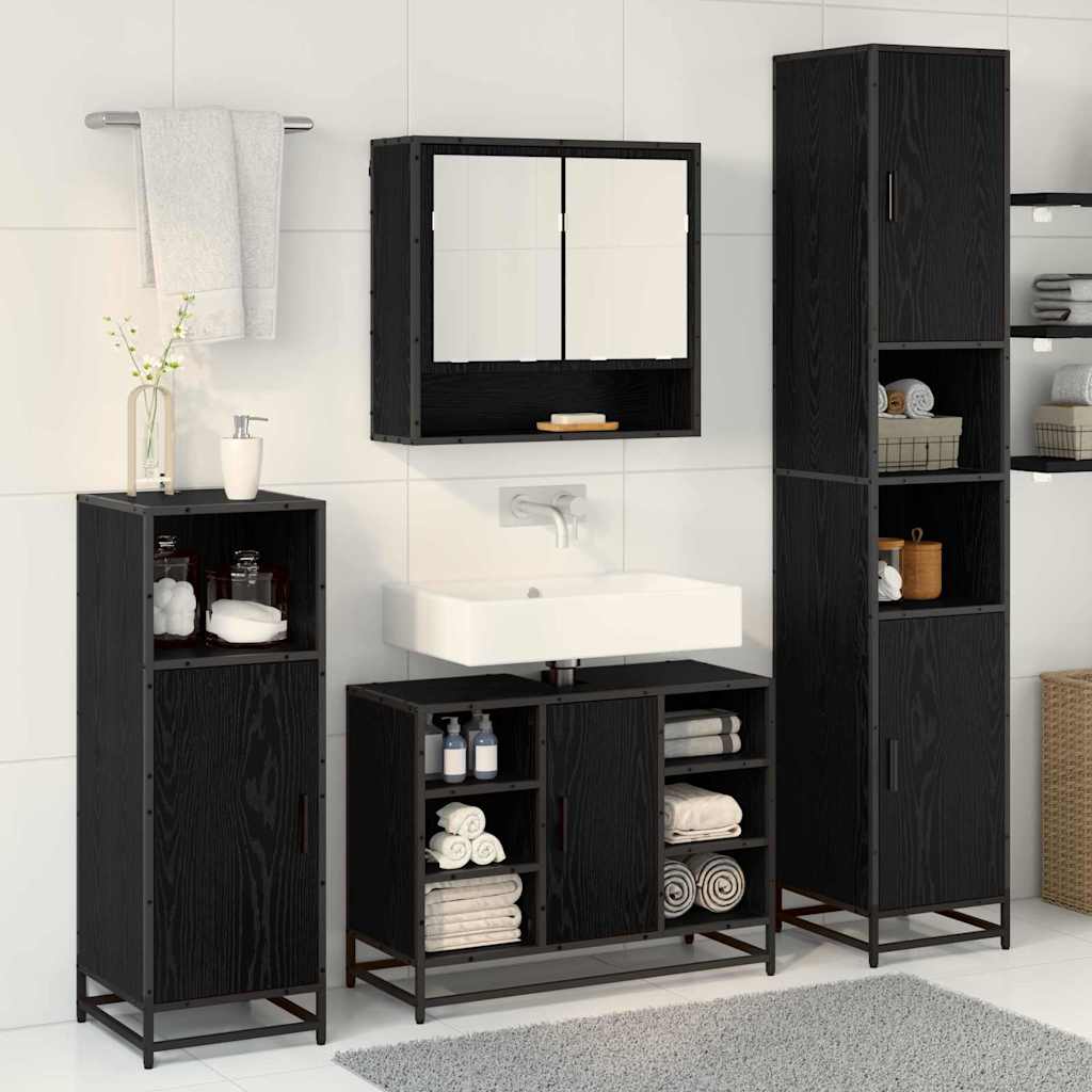 Badkamermeubelset met plank 4 pcs Zwart Eiken Bewerkt hout is nu te koop bij PeponiXL, paradijselijk wonen!