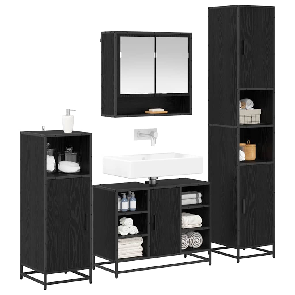 Badkamermeubelset met plank 4 pcs Zwart Eiken Bewerkt hout is nu te koop bij PeponiXL, paradijselijk wonen!