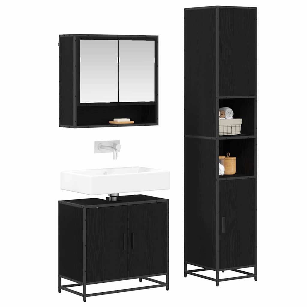 Badkamermeubelset met plank 3 pcs Zwart Eiken Bewerkt hout is nu te koop bij PeponiXL, paradijselijk wonen!