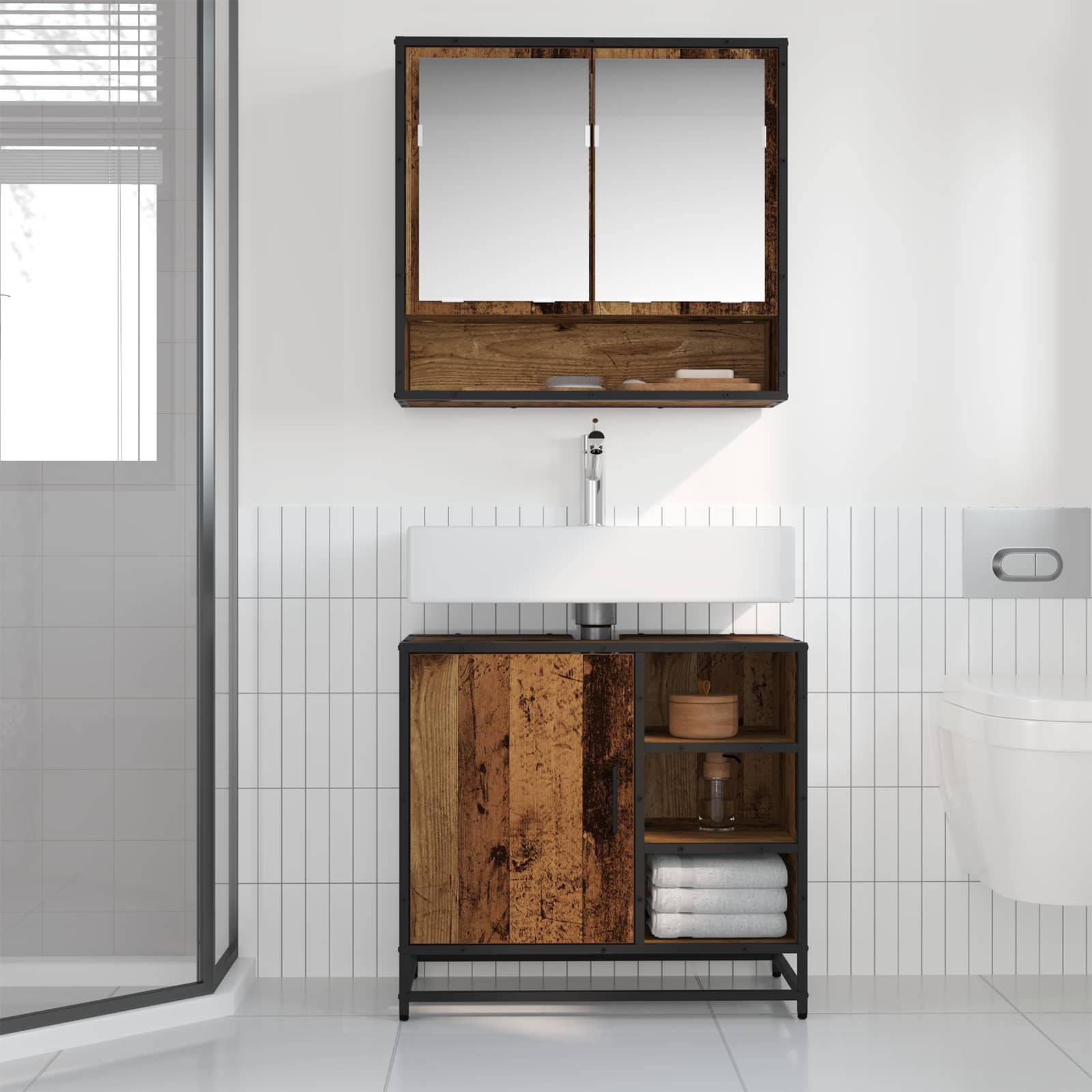 Badkamermeubelset met lade 2 pcs Oud Hout Bewerkt hout is nu te koop bij PeponiXL, paradijselijk wonen!