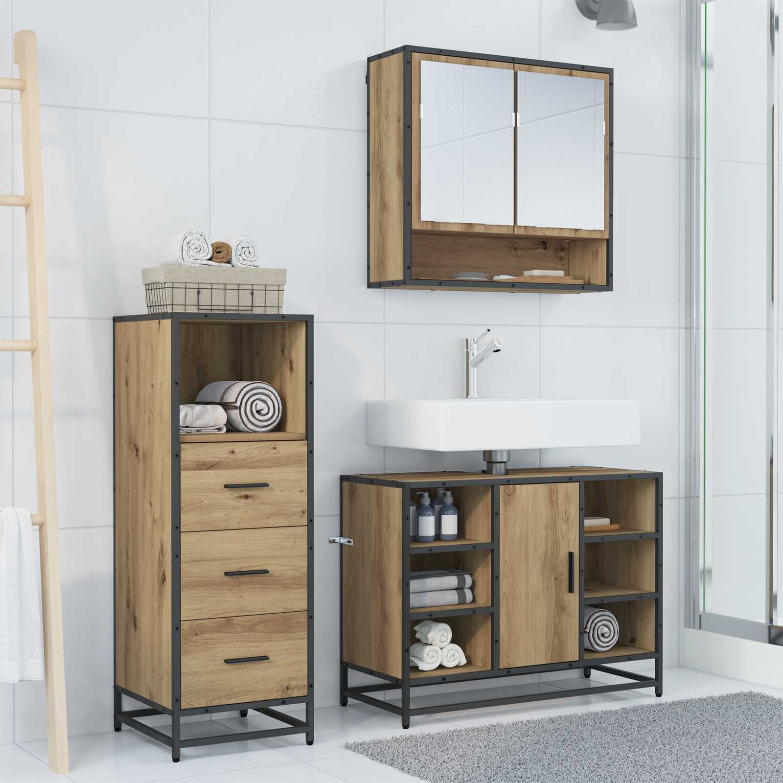Badkamermeubelset 3 st Artisan Eiken 80 x 33 x 60 cm is nu te koop bij PeponiXL, paradijselijk wonen!