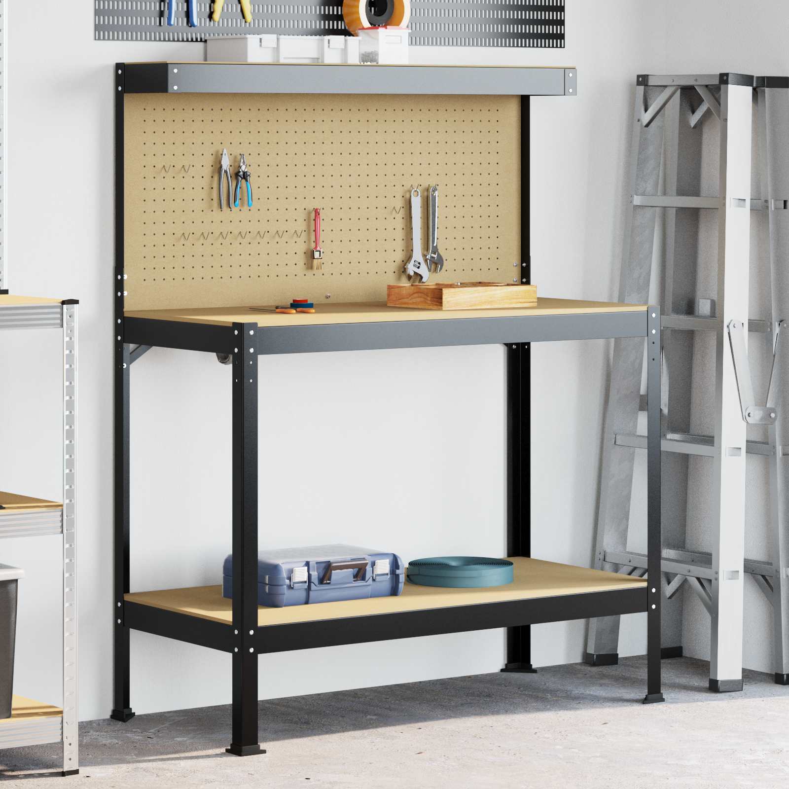 Werkbank Zwart 114 x 54 x 145 cm Bewerkt hout en metaal is nu te koop bij PeponiXL, paradijselijk wonen!