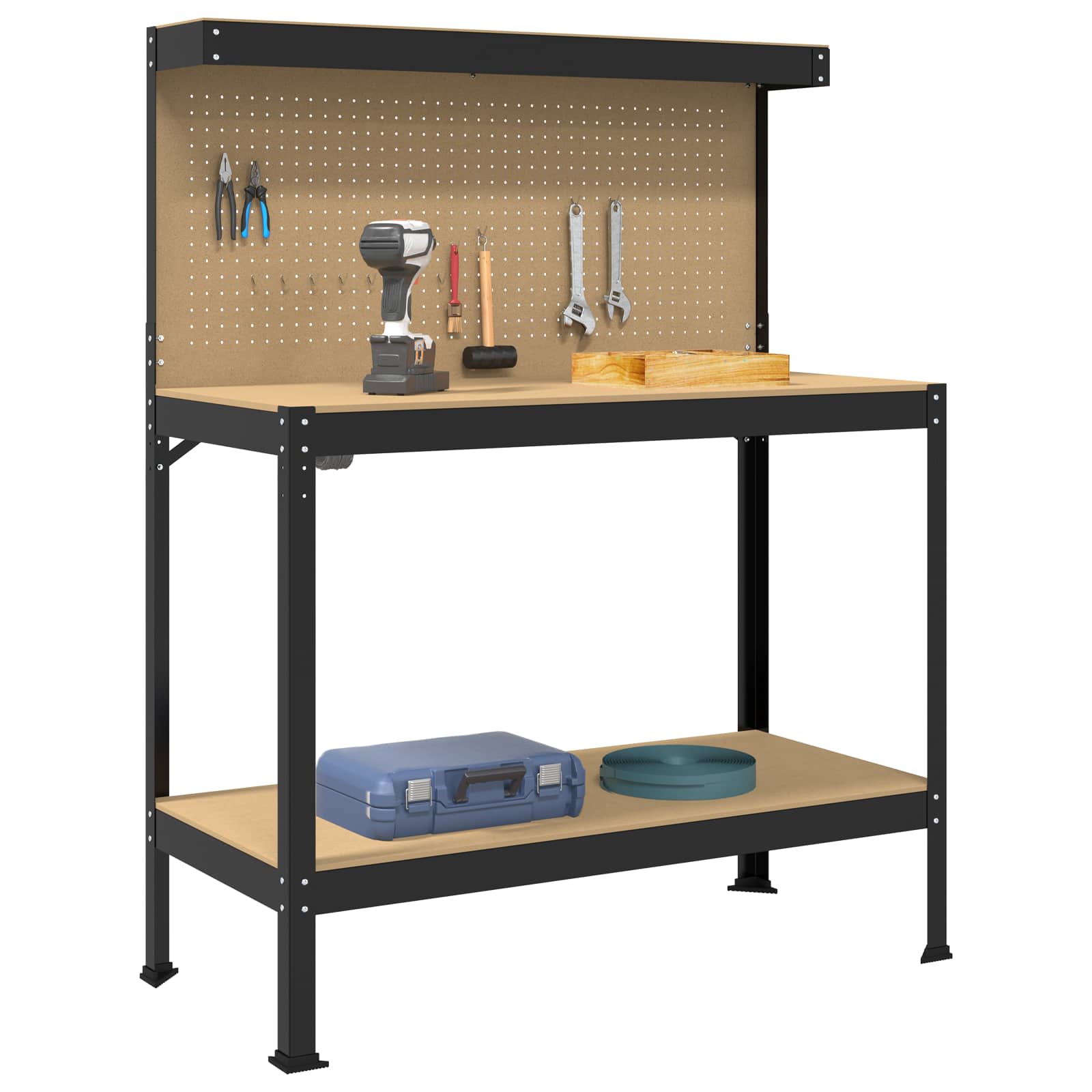Werkbank Zwart 114 x 54 x 145 cm Bewerkt hout en metaal is nu te koop bij PeponiXL, paradijselijk wonen!