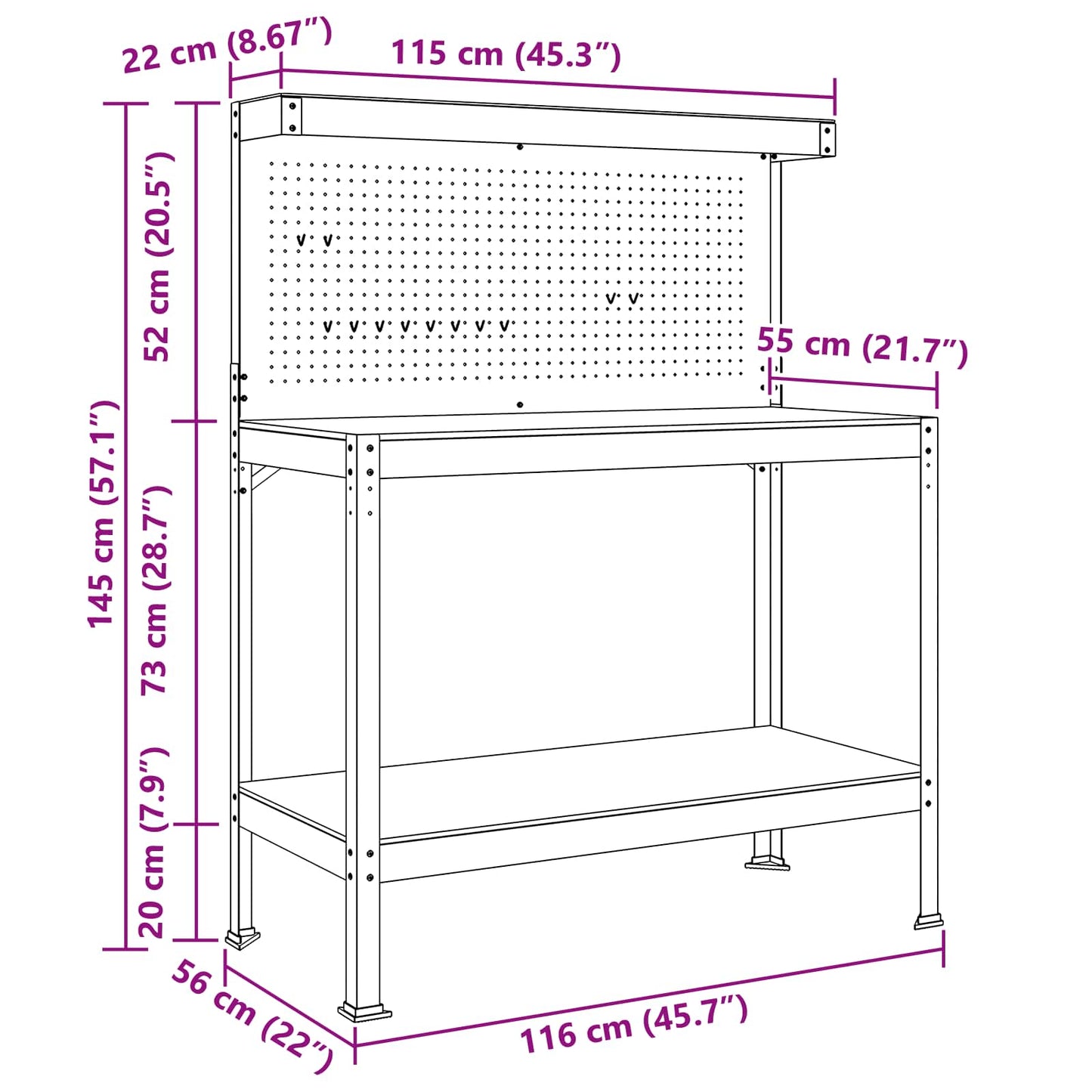 Werkbank Zwart 114 x 54 x 145 cm Bewerkt hout en metaal is nu te koop bij PeponiXL, paradijselijk wonen!