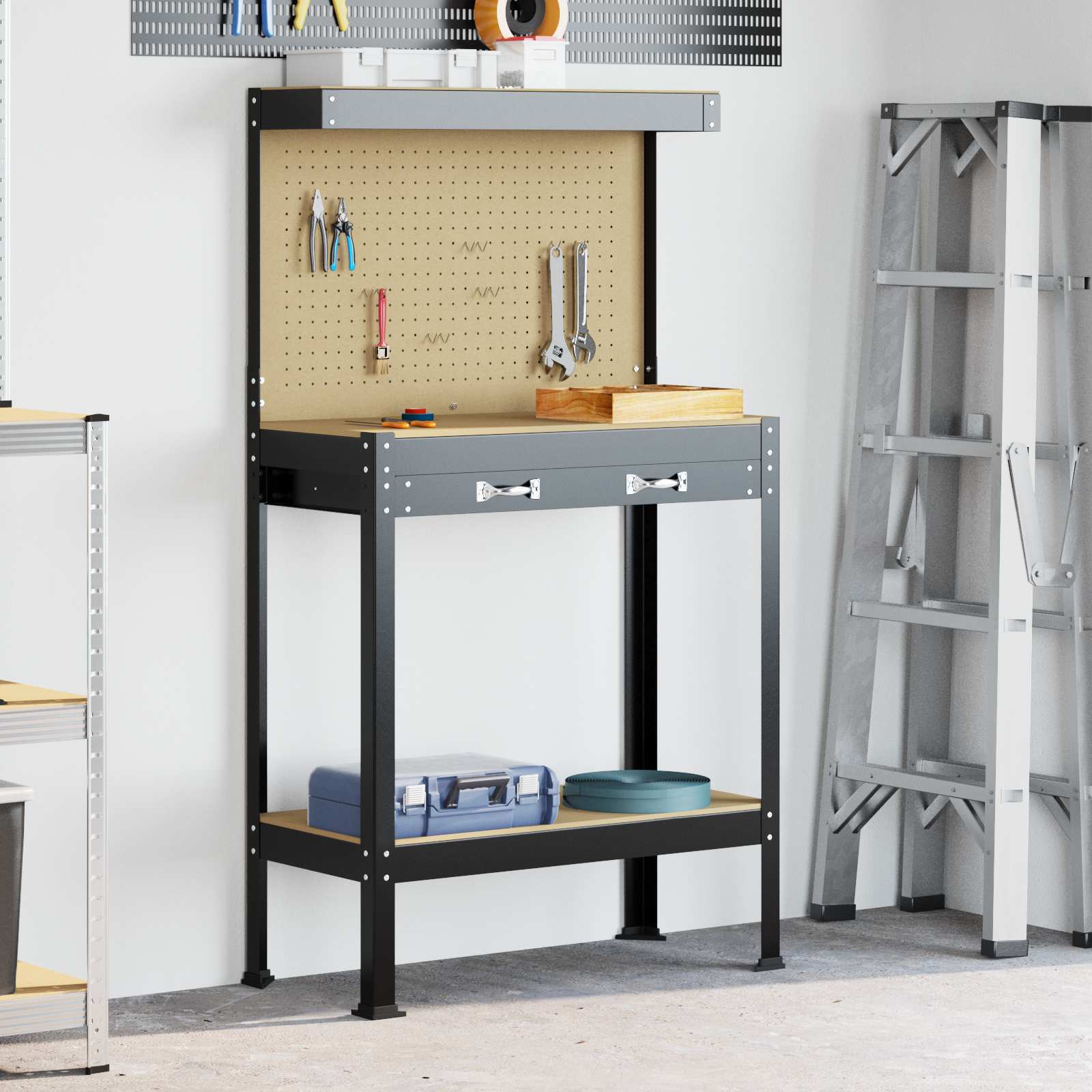 Werkbank Zwart 81 x 41 x 145 cm Bewerkt hout en metaal is nu te koop bij PeponiXL, paradijselijk wonen!