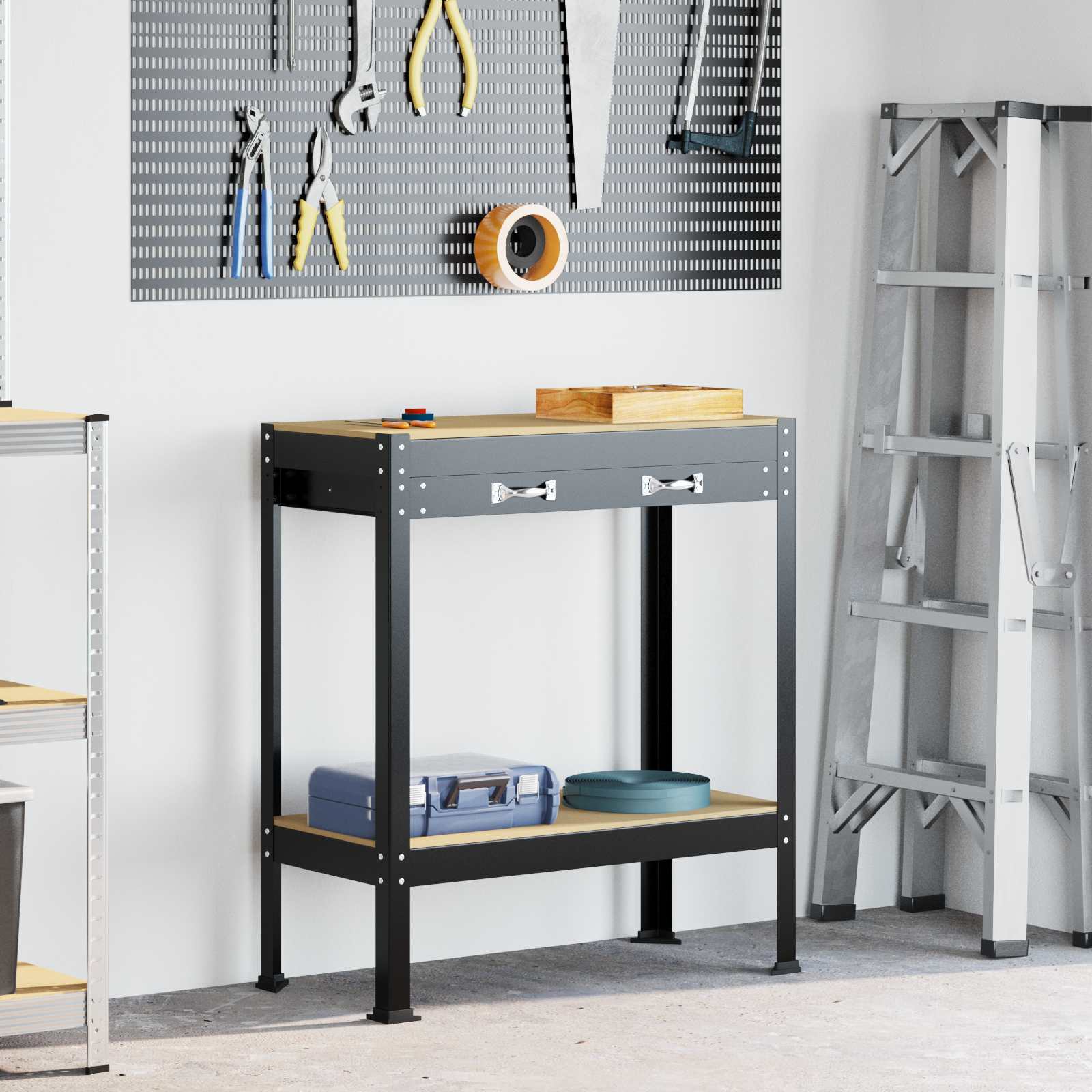 Werkbank met lade Zwart 80 x 40 x 91 cm Bewerkt hout en metaal is nu te koop bij PeponiXL, paradijselijk wonen!