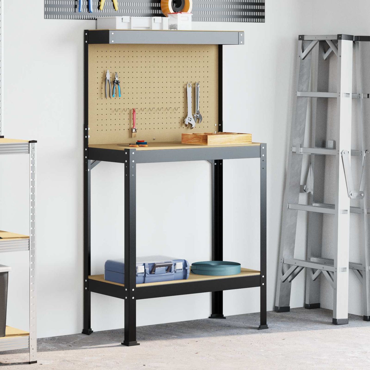 Werkbank Zwart 81 x 41 x 145 cm Bewerkt hout en metaal is nu te koop bij PeponiXL, paradijselijk wonen!