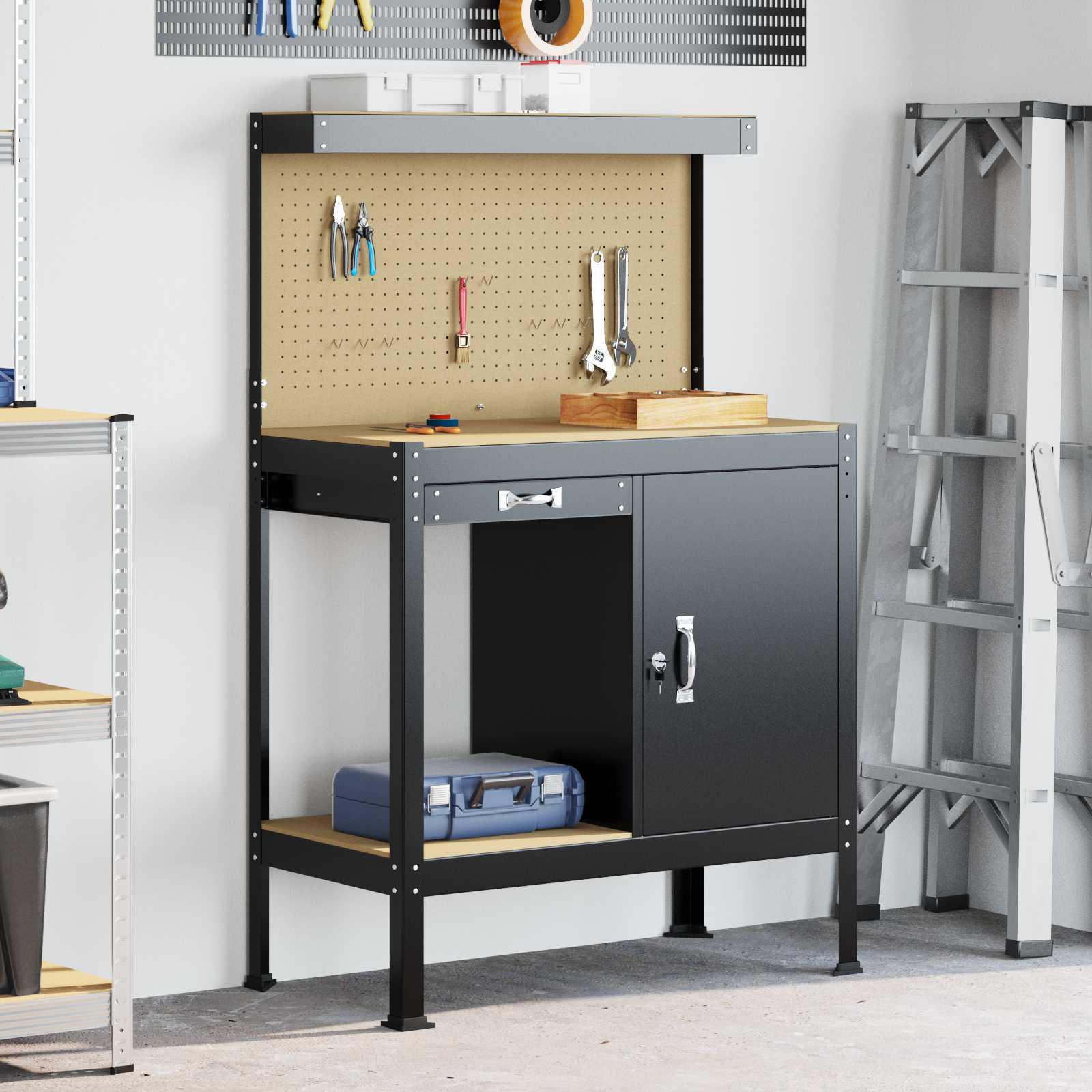 Werkbanken met lade Zwart 81 x 41 x 145 cm Bewerkt hout is nu te koop bij PeponiXL, paradijselijk wonen!