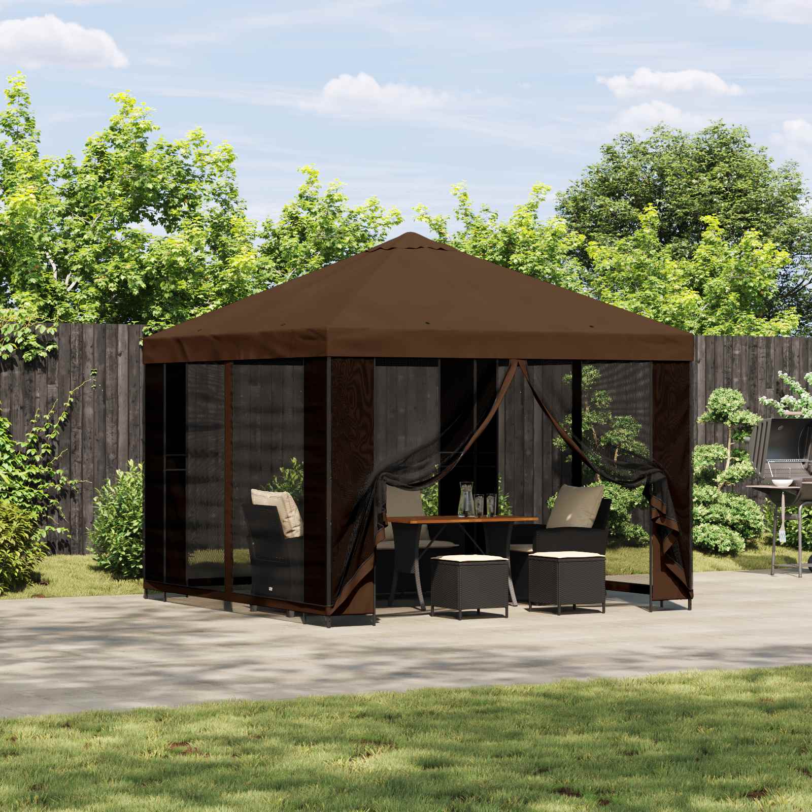 Tuin Gazebo met Zijwanden 3 x 3 m Bruin Polyester en staal 190 is nu te koop bij PeponiXL, paradijselijk wonen!