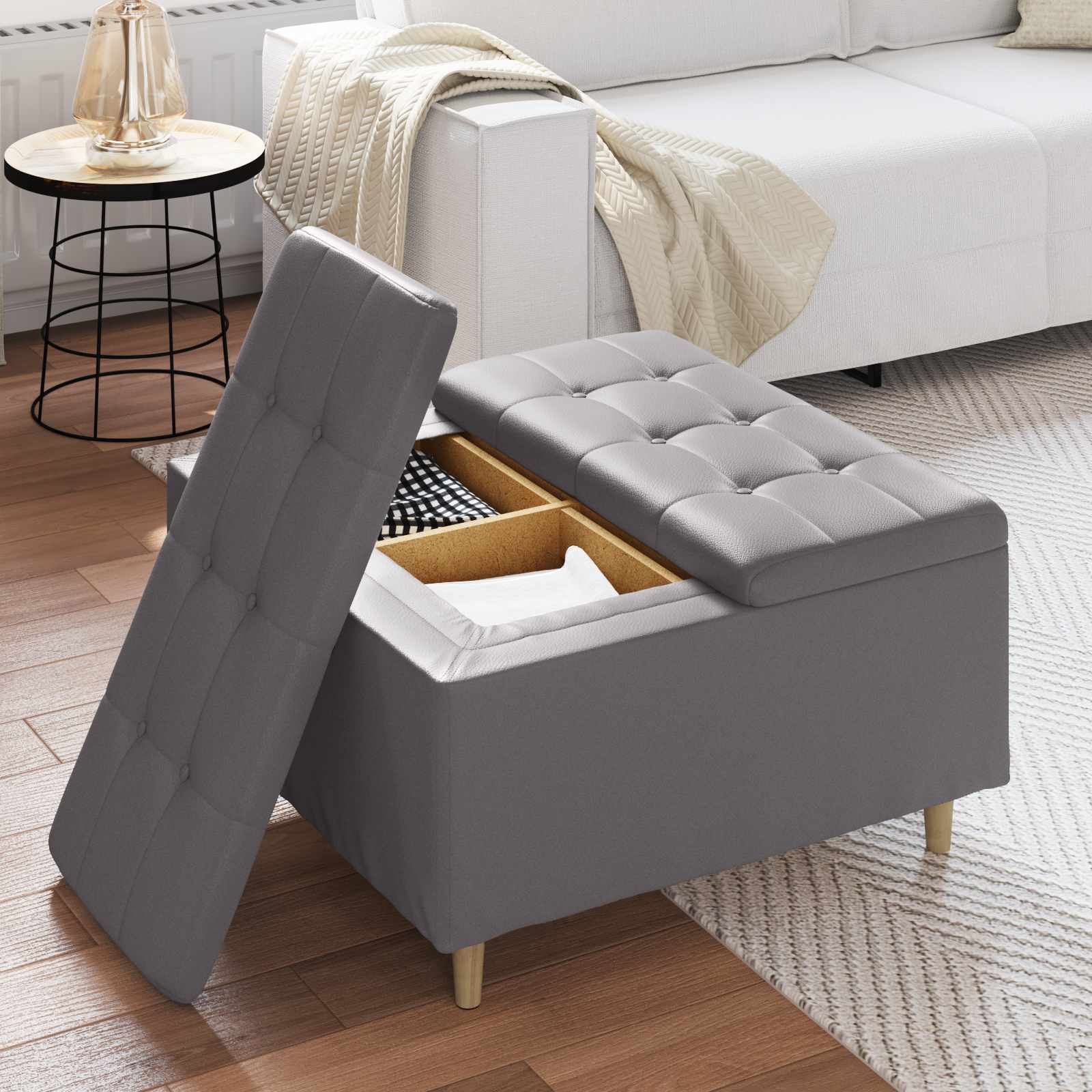 Opslagottoman met kussen Grijs 80 x 80 x 45 cm Kunstleer is nu te koop bij PeponiXL, paradijselijk wonen!