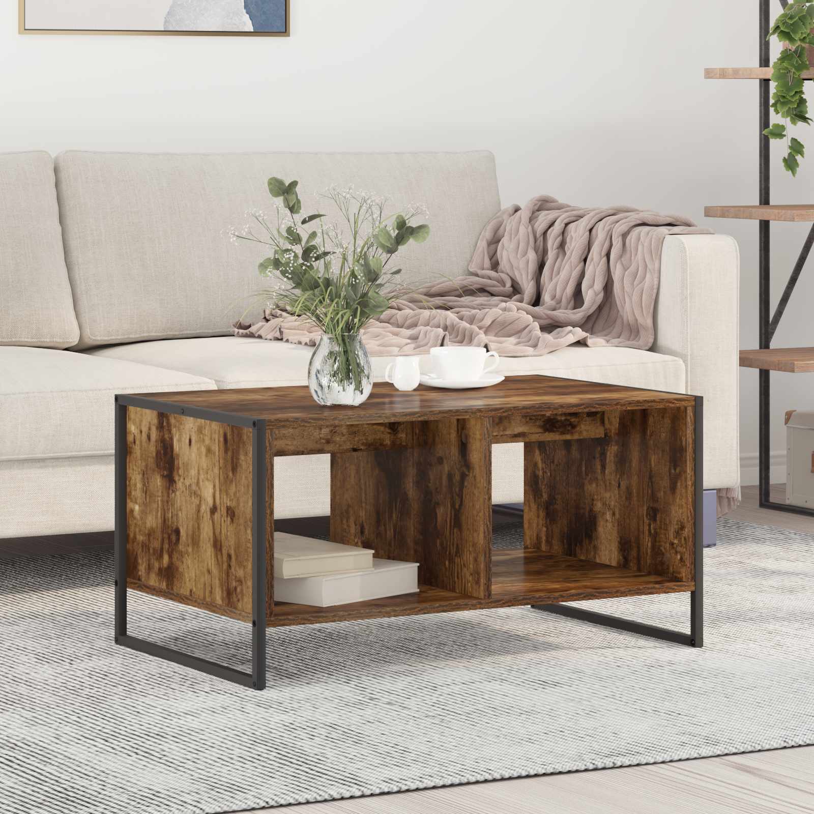 Salontafel Rook Eik 80 x 50 x 40 cm Bewerkt hout is nu te koop bij PeponiXL, paradijselijk wonen!