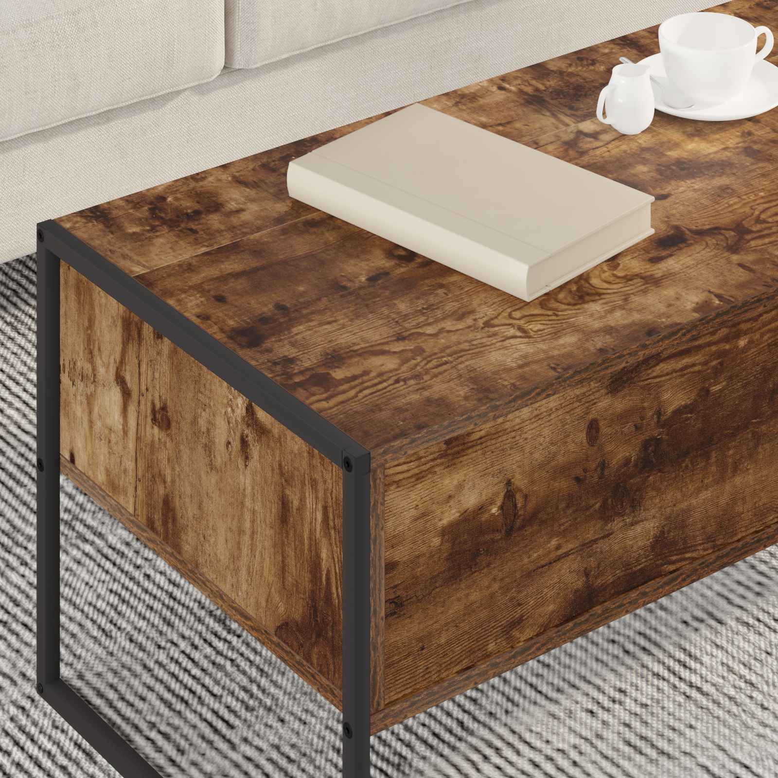 Salontafel met lade Rook Eik 100 x 46 x 40 cm Bewerkt hout is nu te koop bij PeponiXL, paradijselijk wonen!