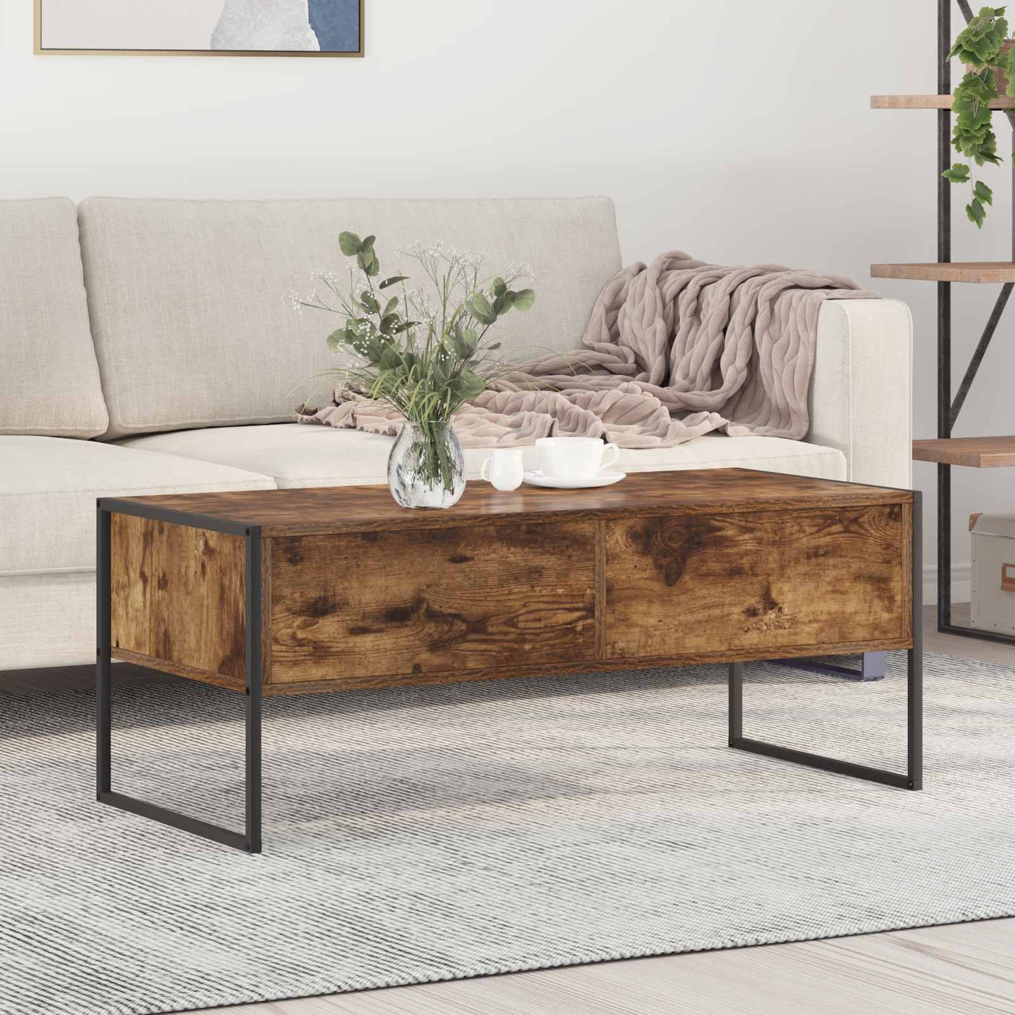 Salontafel met lade Rook Eik 100 x 46 x 40 cm Bewerkt hout is nu te koop bij PeponiXL, paradijselijk wonen!