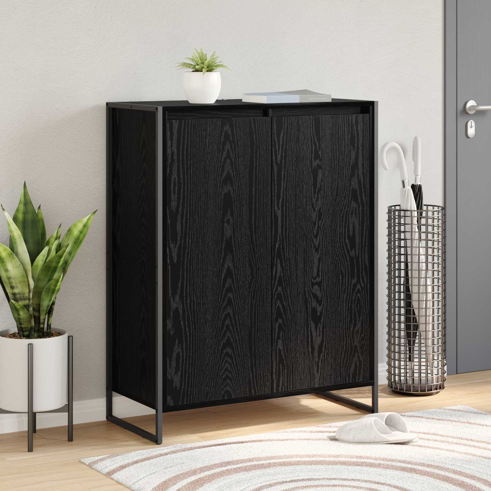 Schoenenkast Zwart Eiken 79 x 36 x 100 cm Bewerkt hout is nu te koop bij PeponiXL, paradijselijk wonen!
