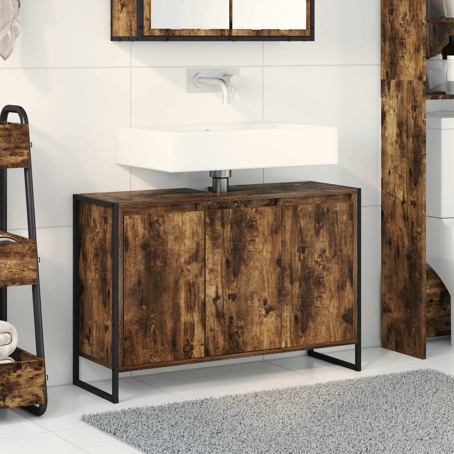 Badkamer Kast met opslag Rook Eik 90 x 30 x 60 cm Bewerkt hout is nu te koop bij PeponiXL, paradijselijk wonen!