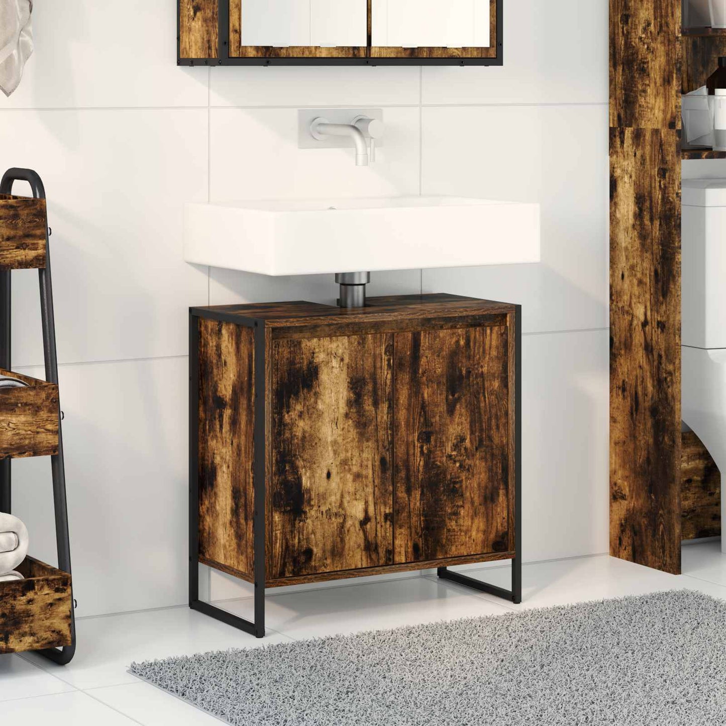 Badkamer Kast met opslag Rook Eik 60 x 30 x 60 cm Bewerkt hout is nu te koop bij PeponiXL, paradijselijk wonen!