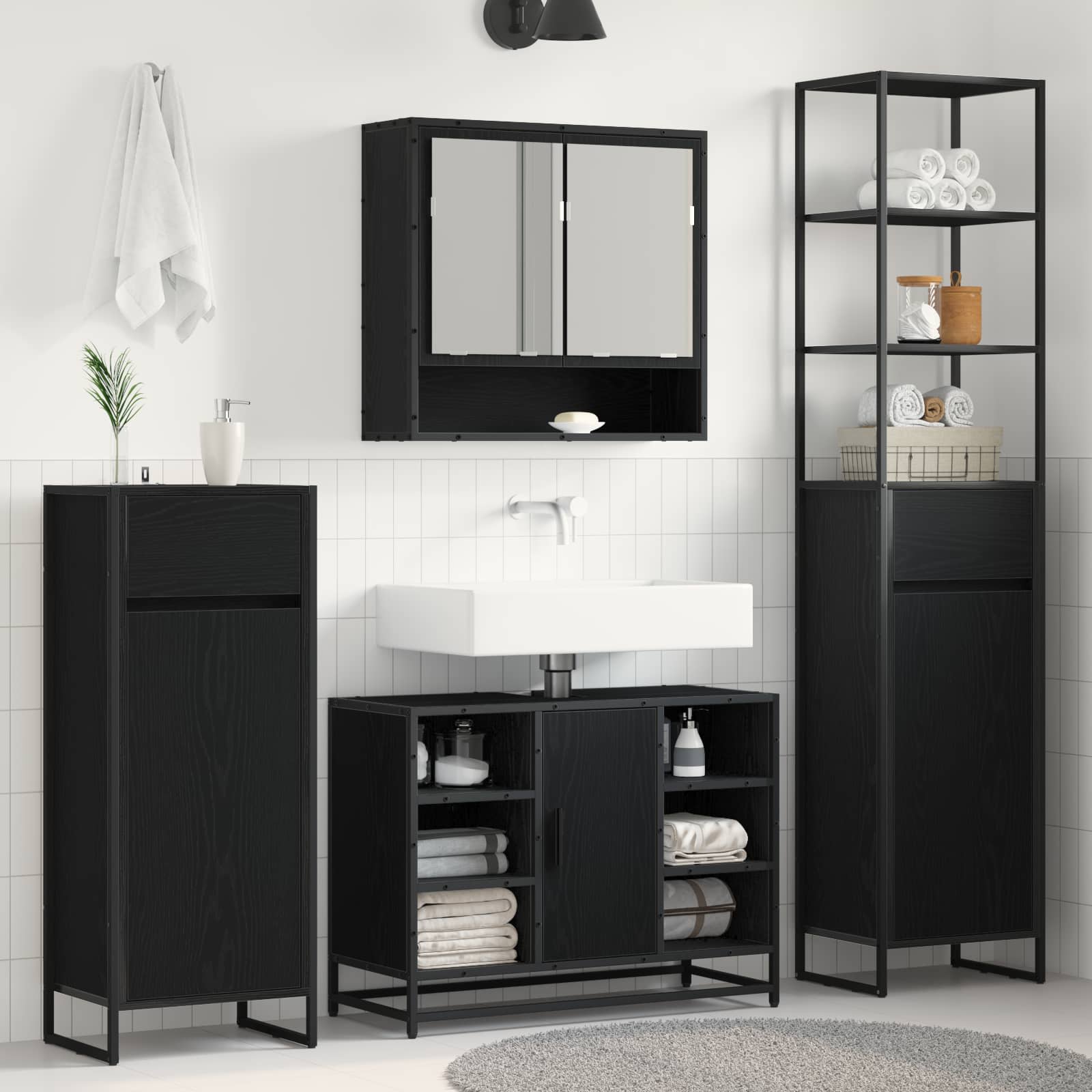 Badkamer Kast Zwart Eiken 40 x 30 x 180 cm Bewerkt hout is nu te koop bij PeponiXL, paradijselijk wonen!