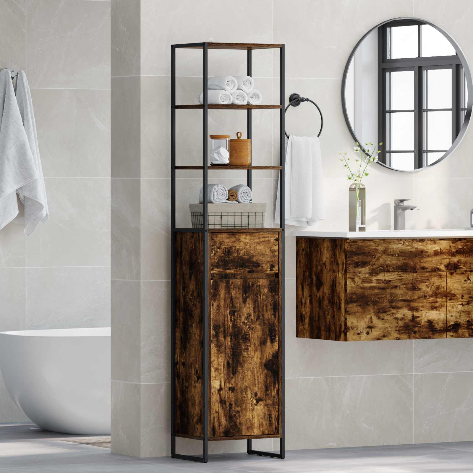 Badkamer Kast met lade Rook Eik 40 x 30 x 180 cm Bewerkt hout is nu te koop bij PeponiXL, paradijselijk wonen!