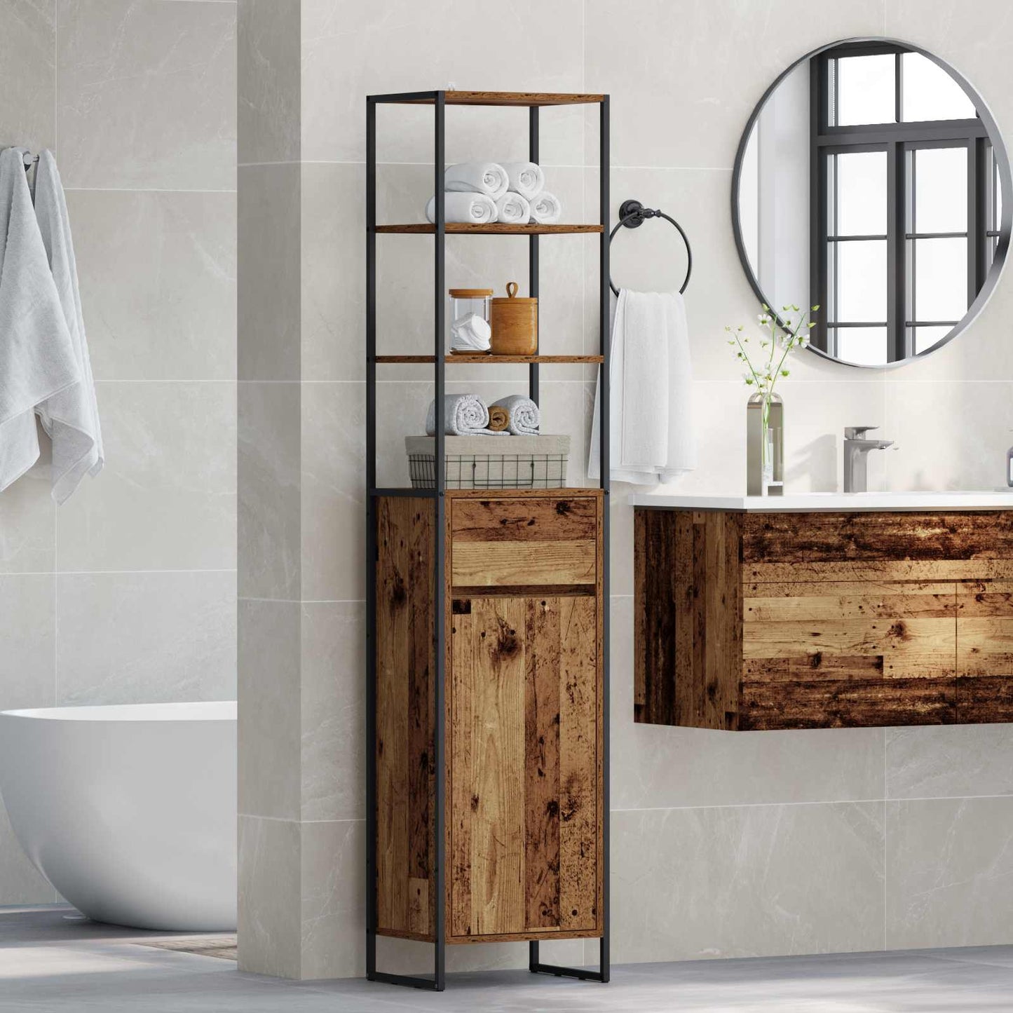 Badkamer Kast met lade Oud Hout 40 x 30 x 180 cm Bewerkt hout is nu te koop bij PeponiXL, paradijselijk wonen!