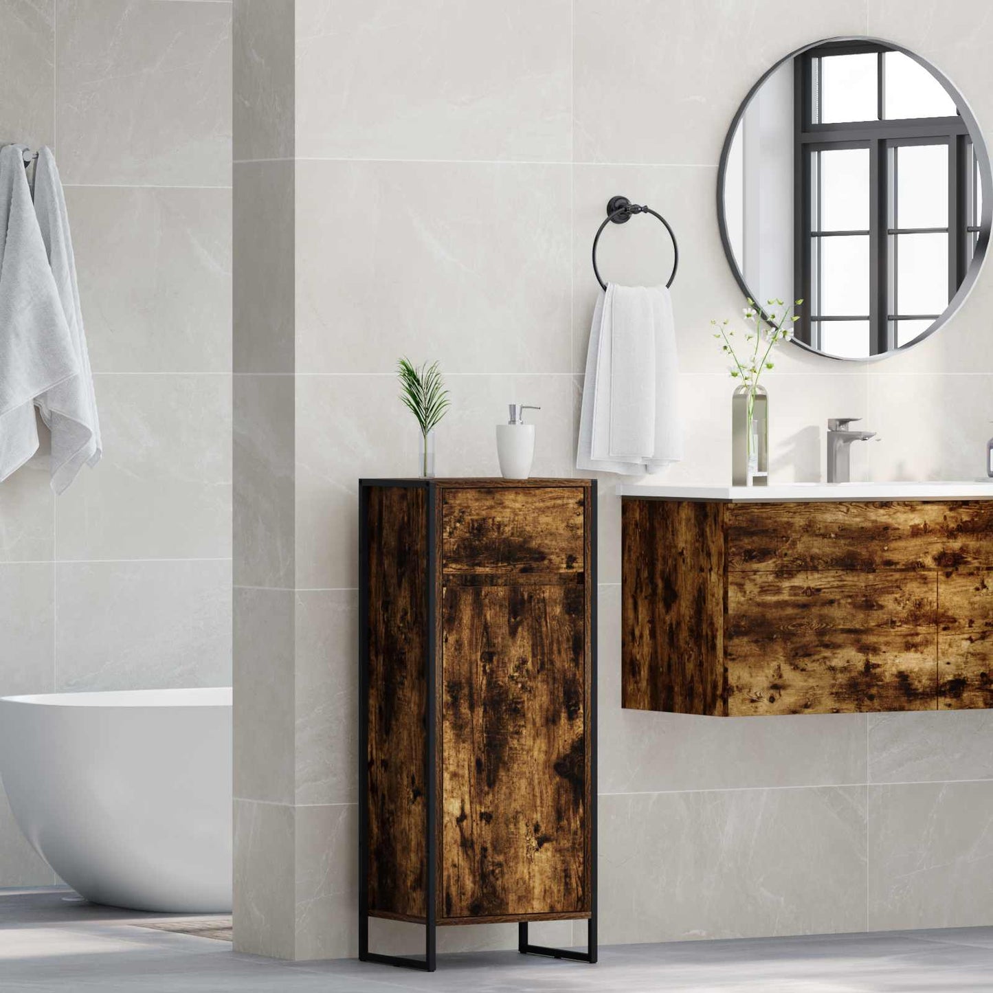 Badkamer Kast met lade Rook Eik 40 x 30 x 100 cm Bewerkt hout is nu te koop bij PeponiXL, paradijselijk wonen!