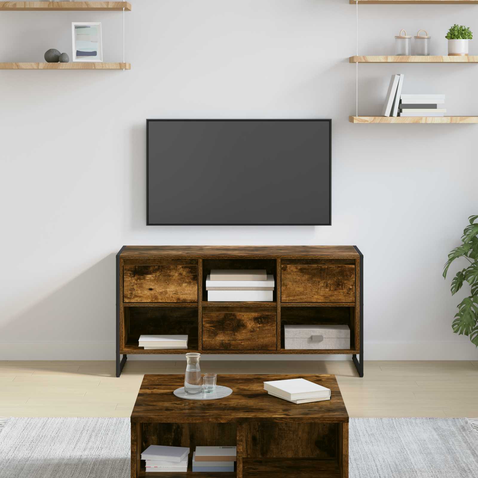 TV-kast met lade Rook Eik 100 x 36 x 49,5 cm Bewerkt hout is nu te koop bij PeponiXL, paradijselijk wonen!