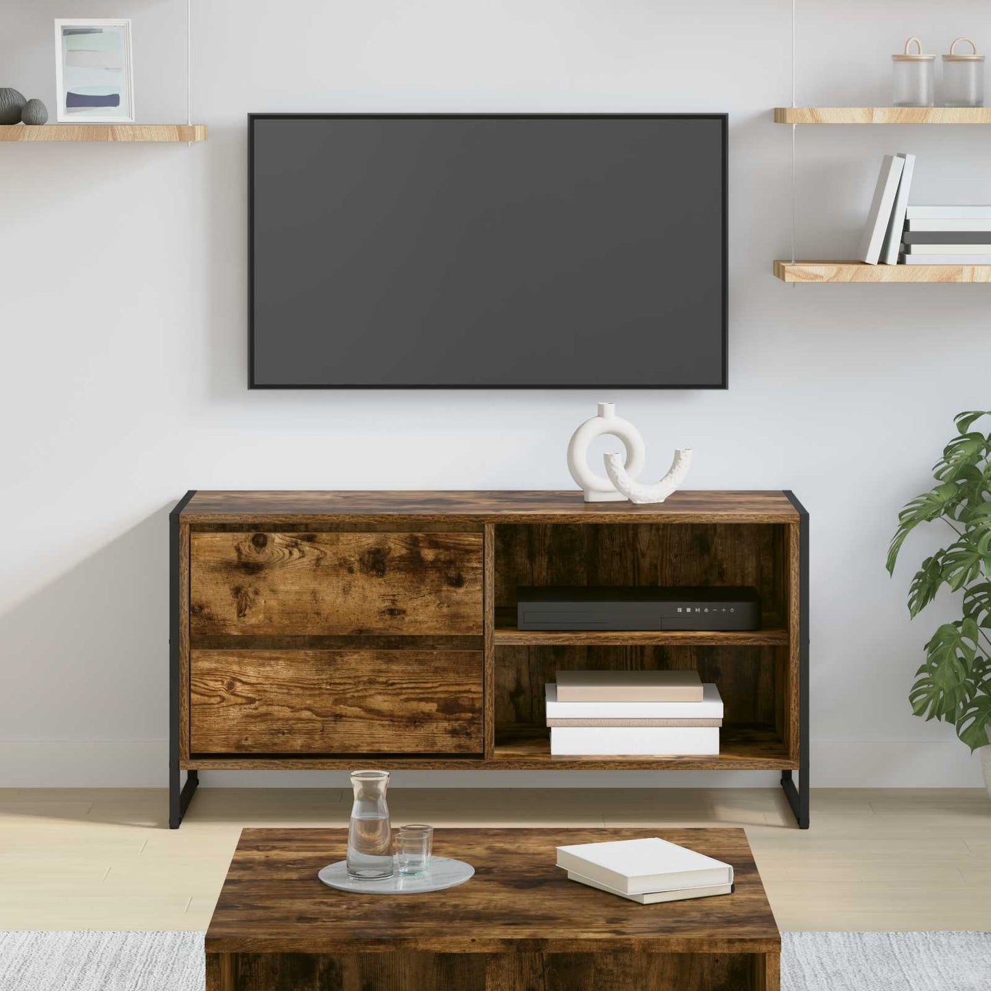 TV-kast met lade Rook Eik 100 x 36 x 49,5 cm Bewerkt hout is nu te koop bij PeponiXL, paradijselijk wonen!