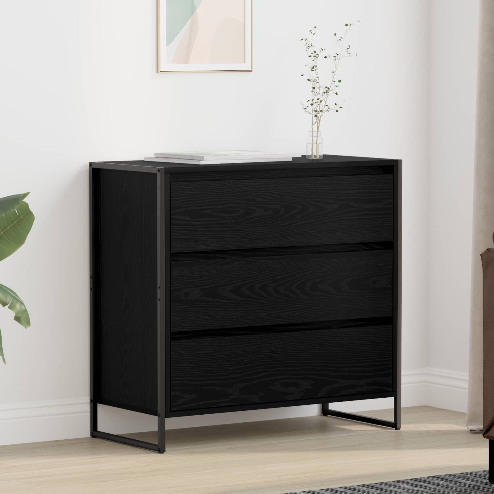 Dressoir met lade Zwart Eiken 79 x 36 x 75.5 cm Bewerkt hout is nu te koop bij PeponiXL, paradijselijk wonen!