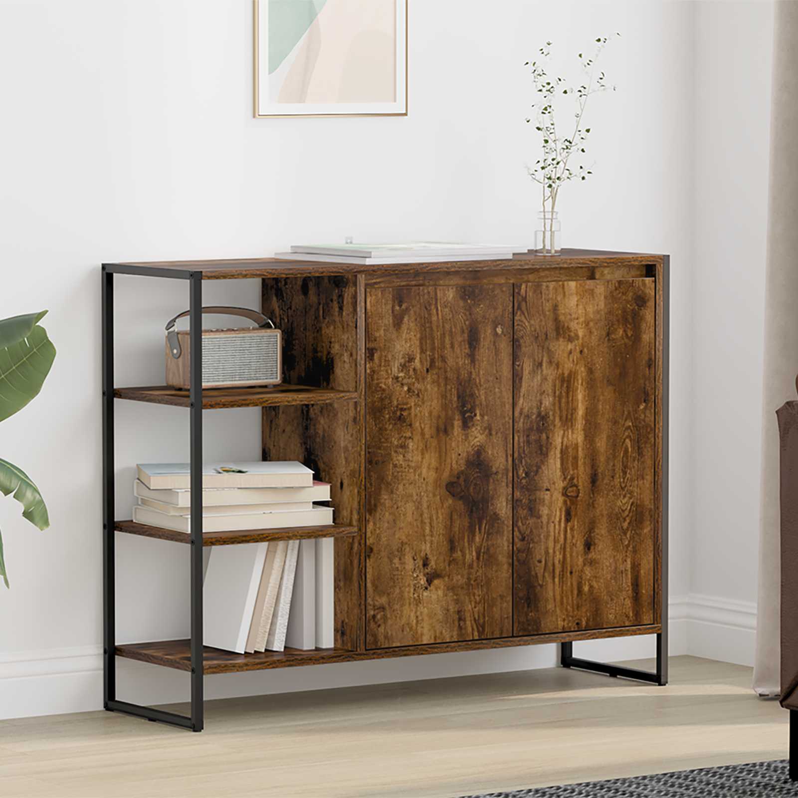 Bijzetkast Rook Eik 96.5 x 30 x 75 cm Bewerkt hout is nu te koop bij PeponiXL, paradijselijk wonen!