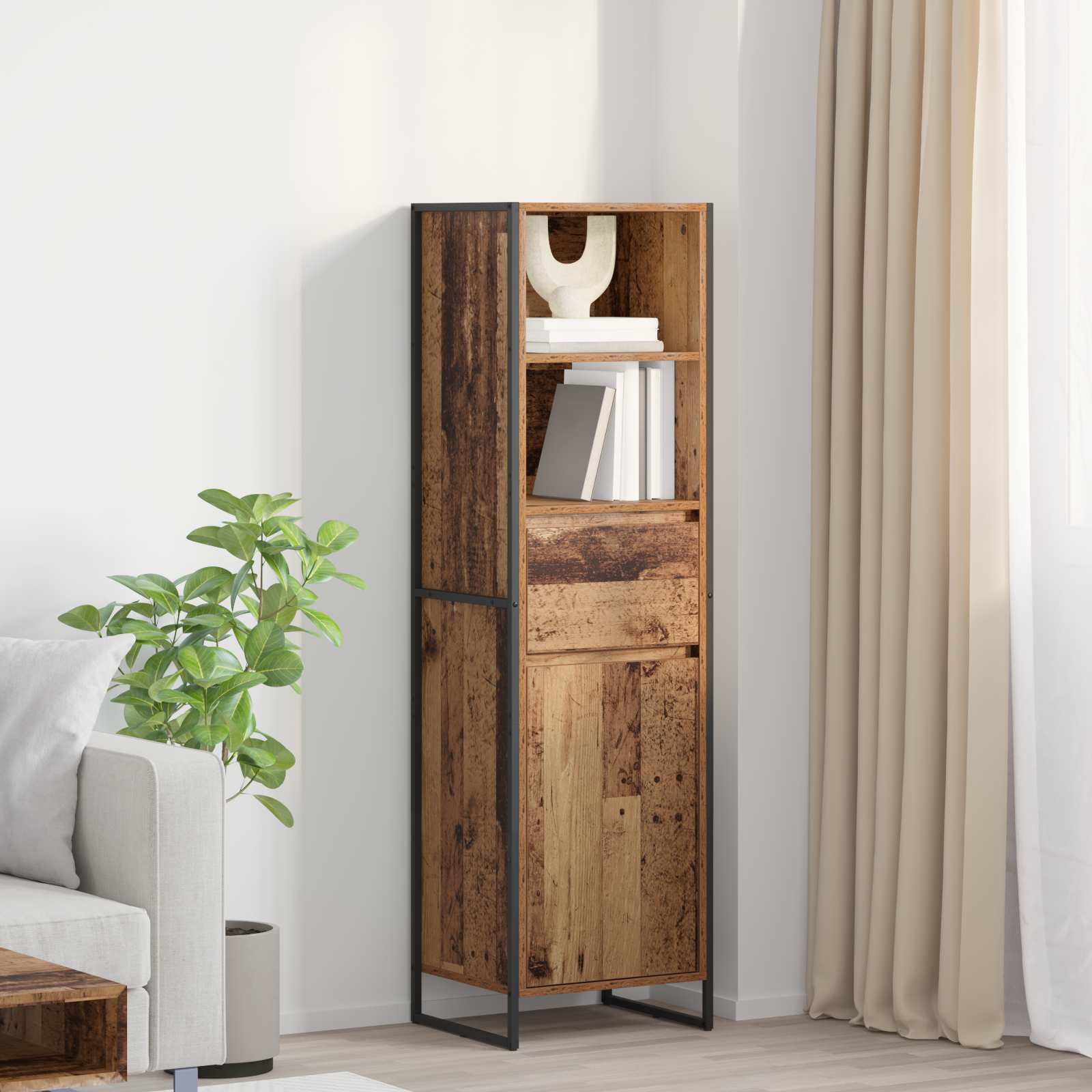 Boekenkast met lade Oud Hout 43 x 36 x 150.5 cm Bewerkt hout is nu te koop bij PeponiXL, paradijselijk wonen!