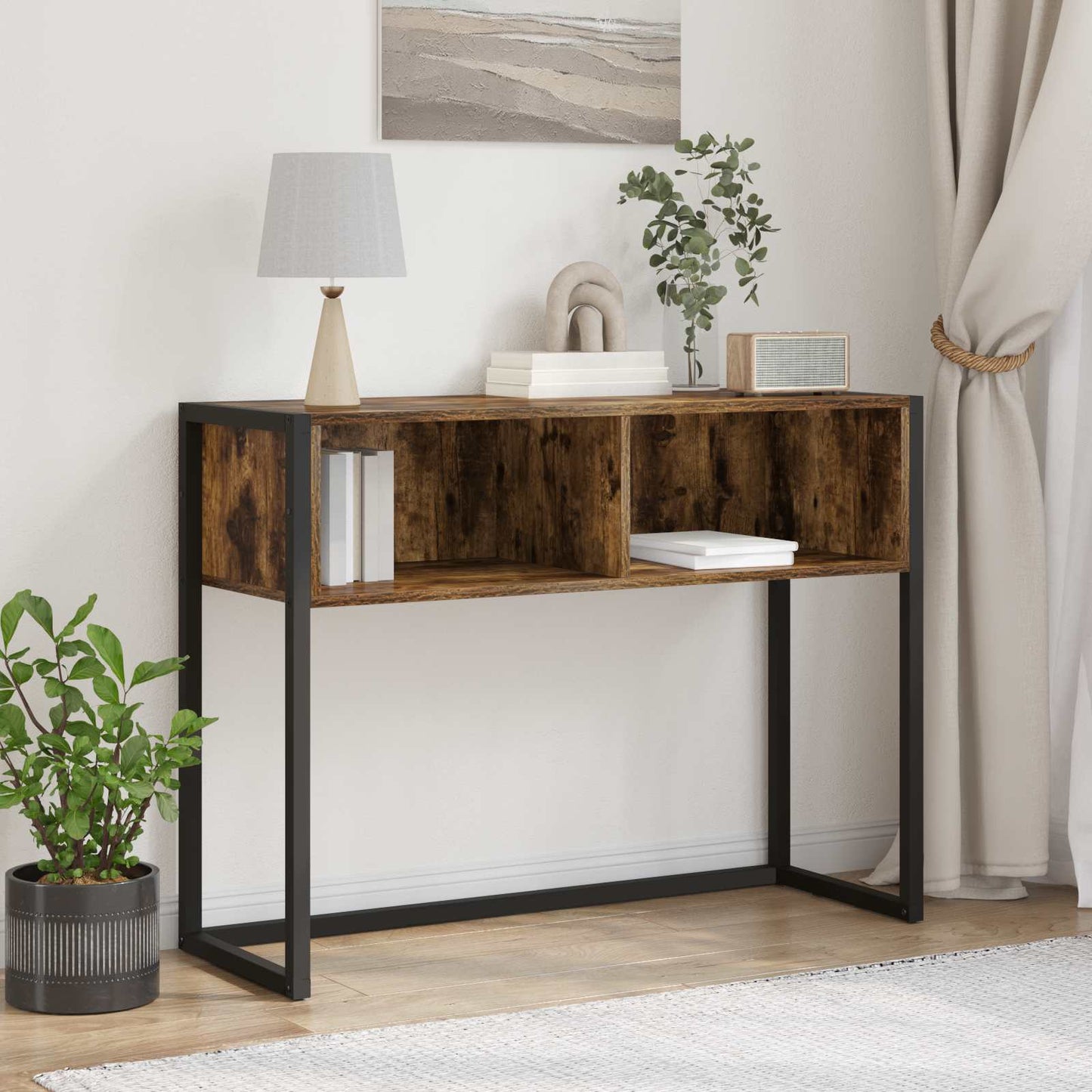 Bijzettafel met opslag Rook Eik 100 x 36 x 75 cm Bewerkt hout is nu te koop bij PeponiXL, paradijselijk wonen!