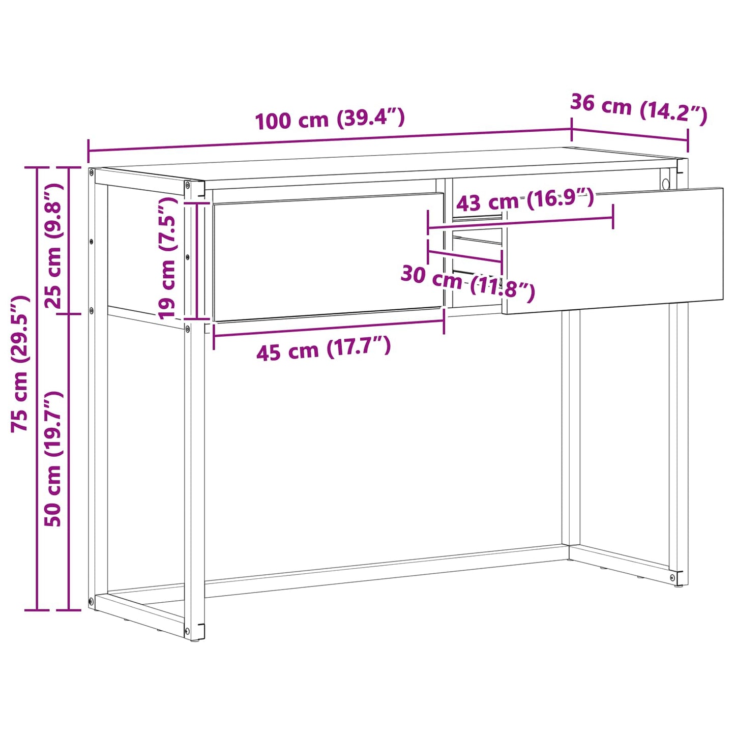 Bijzettafel met lade Grijs Sonoma 100 x 36 x 75 cm Bewerkt hout is nu te koop bij PeponiXL, paradijselijk wonen!