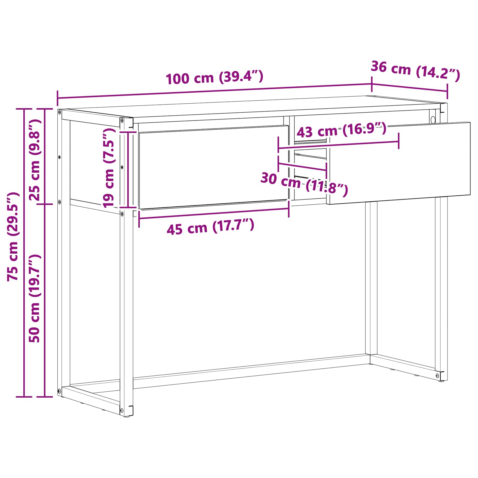 Bijzettafel met lade Grijs Sonoma 100 x 36 x 75 cm Bewerkt hout is nu te koop bij PeponiXL, paradijselijk wonen!