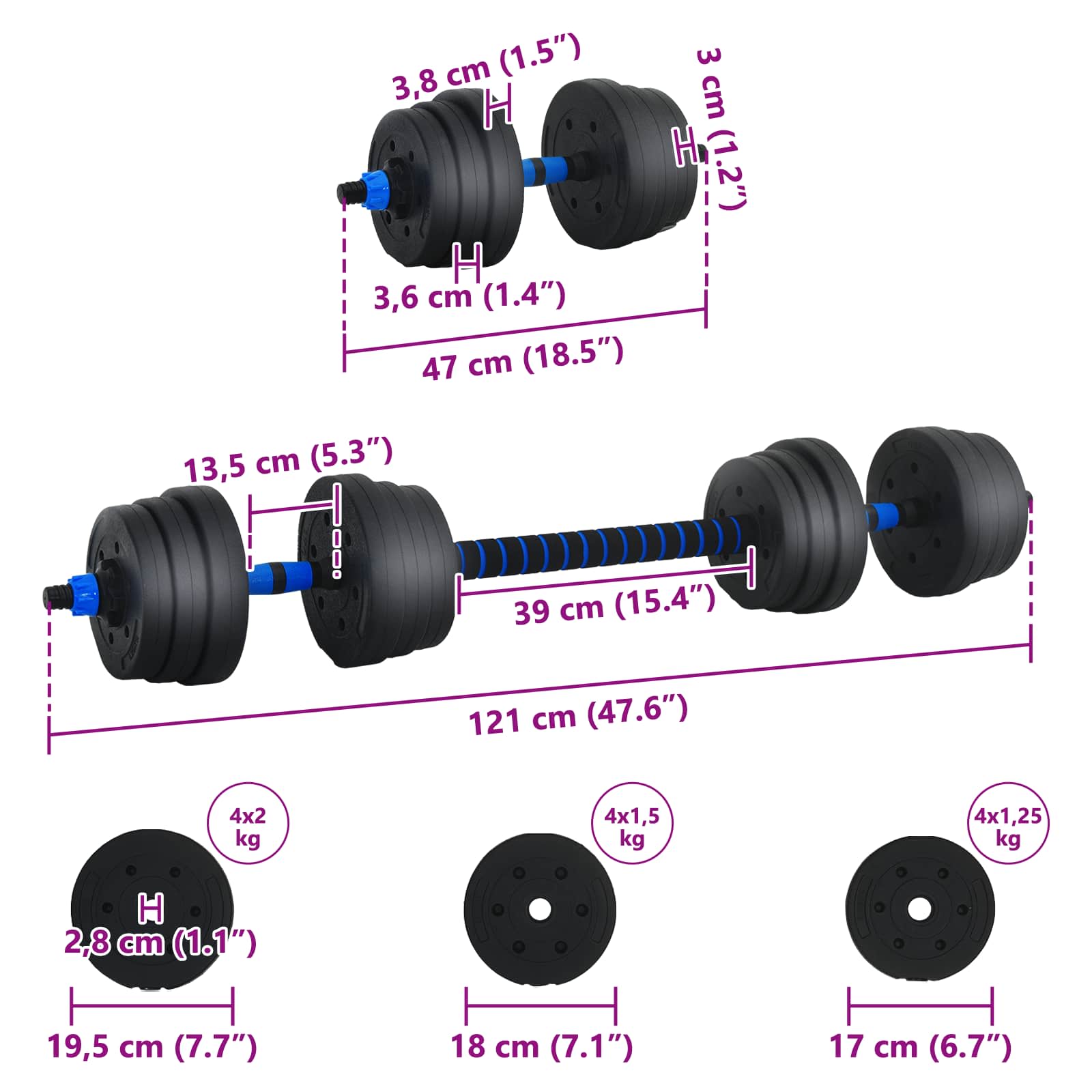 2-in-1 Halter-Barbell Set 20 kg Zwart en Blauw is nu te koop bij PeponiXL, paradijselijk wonen!